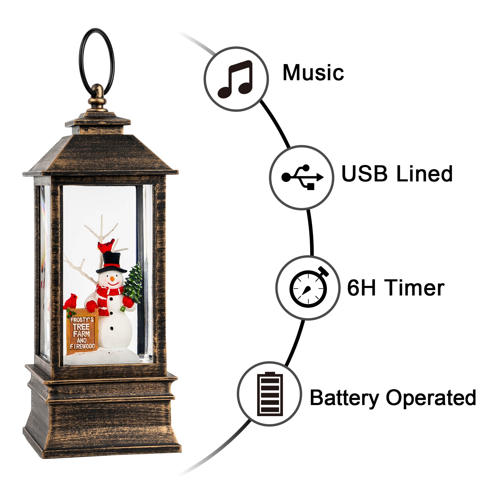 Christmas Snow Globe Water Glittering Farm Snowman with Music & Timer, USB Lined/Battery Operated Lighted Lantern for Christmas Festival Decoration Gifts-AULT24008-9