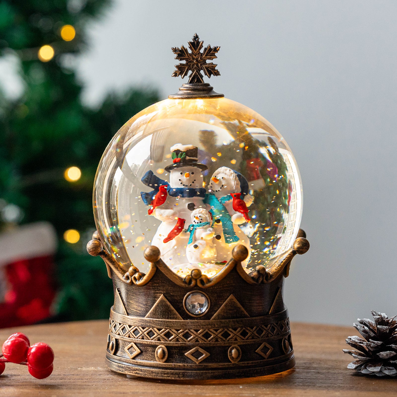 Christmas Snow Globe Lantern Water Glittering Snowman Family Crown with Music, USB Lined/Battery Operated Lighted Lantern for Christmas Festival Decoration Gifts-YJJS0723-2