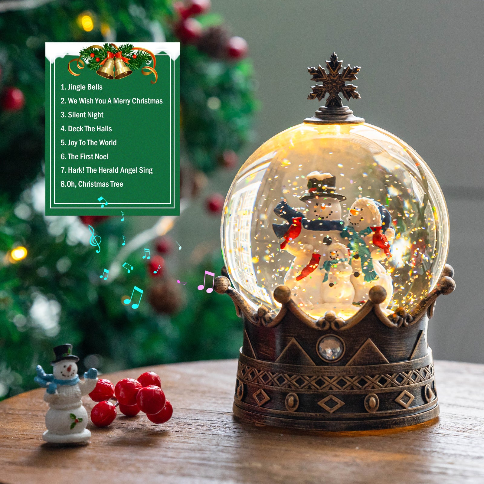 Christmas Snow Globe Lantern Water Glittering Snowman Family Crown with Music, USB Lined/Battery Operated Lighted Lantern for Christmas Festival Decoration Gifts-YJJS0723-2