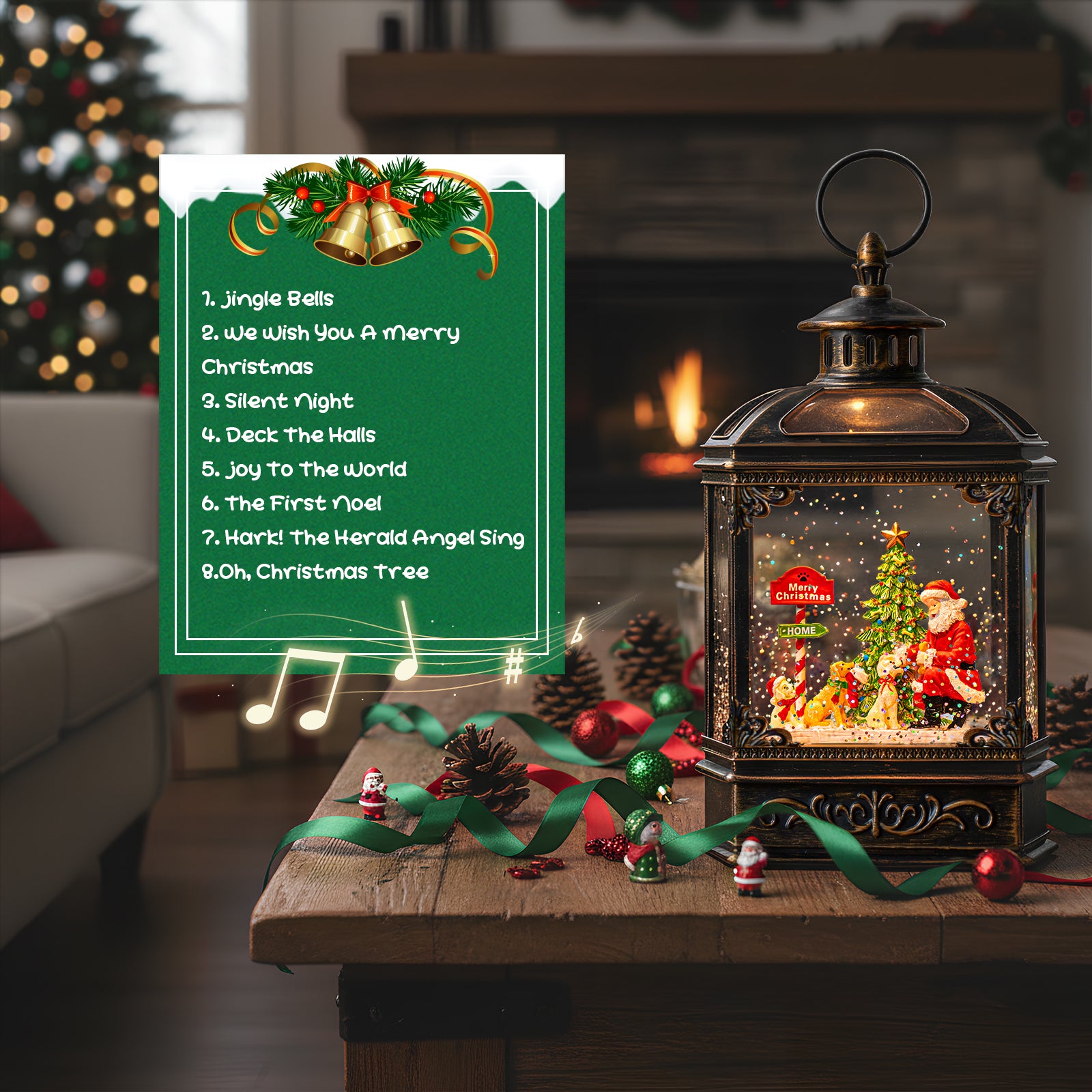 Christmas Snow Globe Lantern Water Glittering Santa Claus & Pups with Music & Timer, USB Lined/Battery Operated Lighted Lantern -NEW-SD-2004027S1