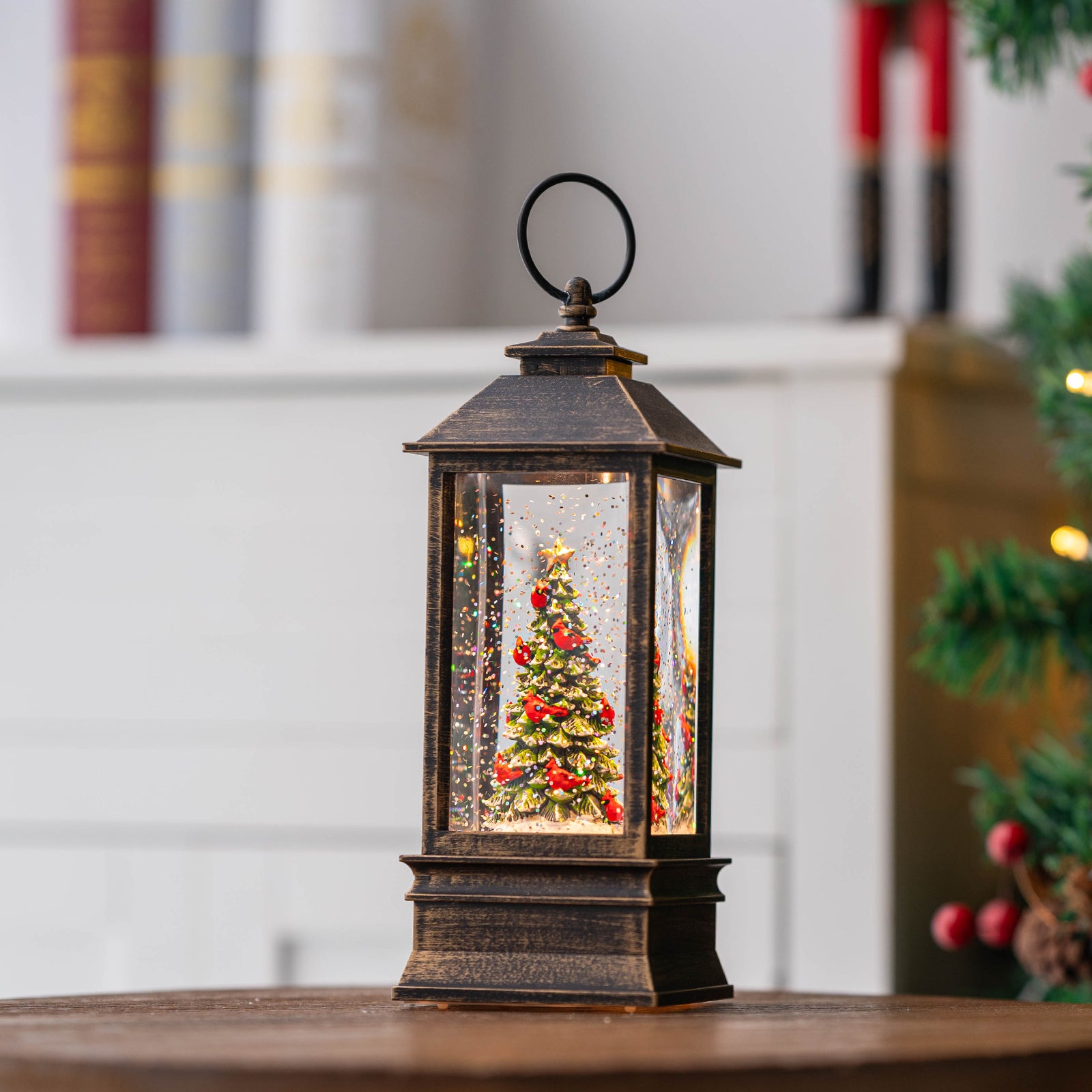 Christmas Snow Globe Lantern Water Glittering Christmas Tree with Music, USB Lined/Battery Operated Lighted Lantern for Christmas Festival Decoration Gifts-AULT24008-6