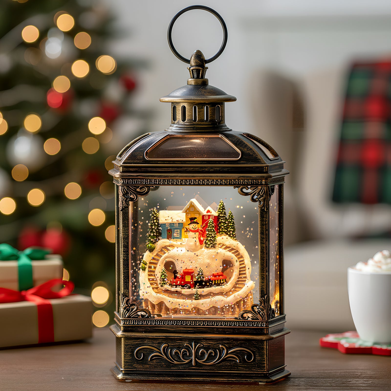 Christmas Snow Globe Lantern Water Glittering Snowman & Train with Music, USB Lined/Battery Operated Lighted Lantern -AULT24003-13