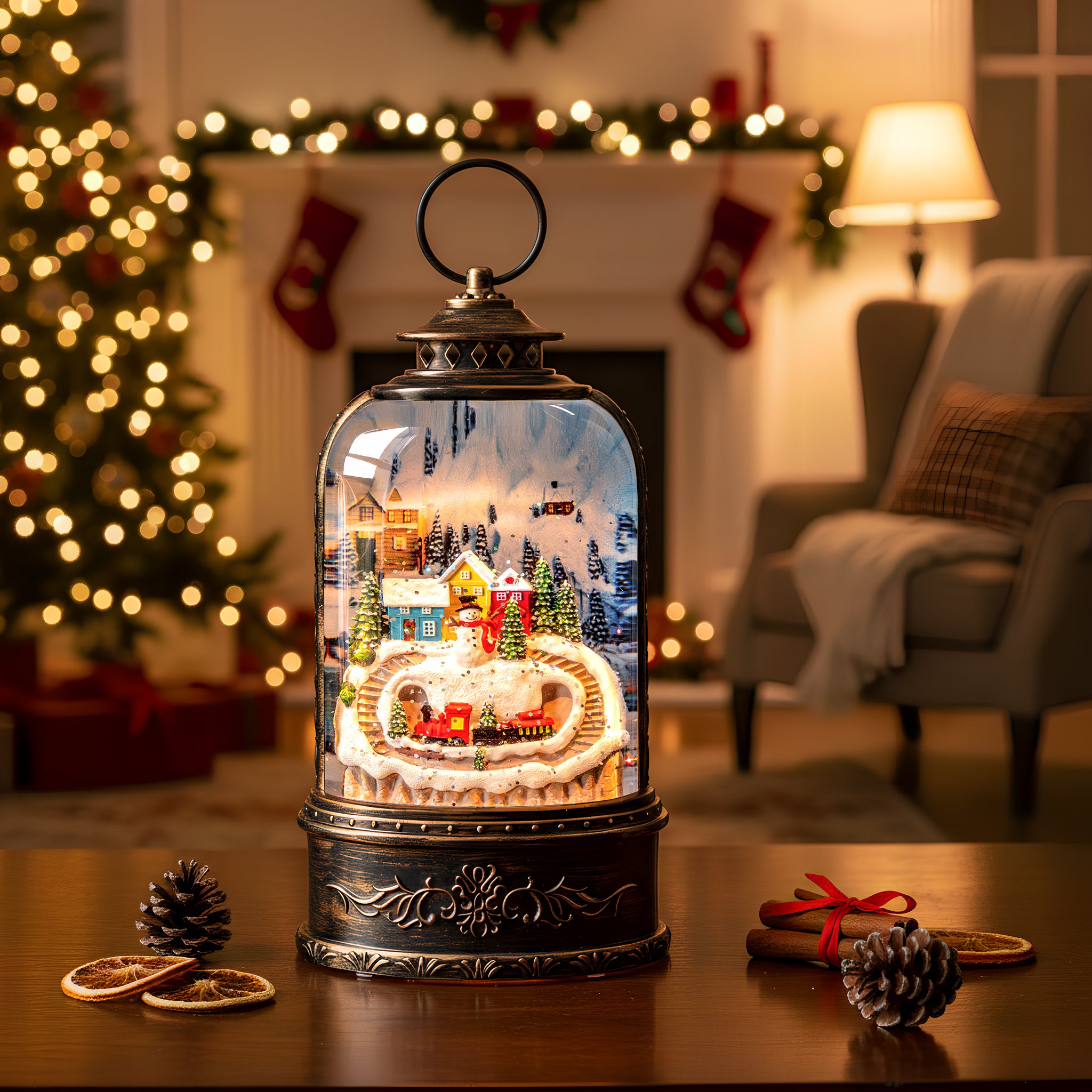 Christmas Snow Globe Lantern Water Glittering Snowman & Train with Music & Timer, USB Lined/Battery Operated Lighted Lantern-AULT25002-5