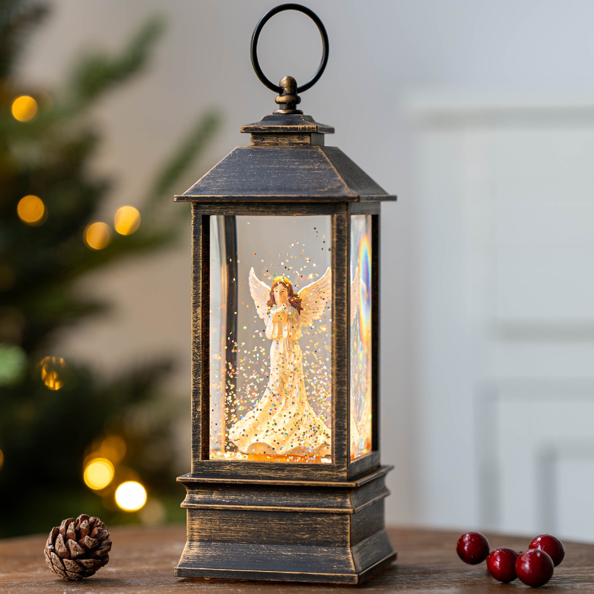 Christmas Snow Globe Lantern Water Glittering Angel with Dove, USB Lined/Battery Operated Lighted Lantern for Christmas Festival Decoration Gifts-AULT24008-19