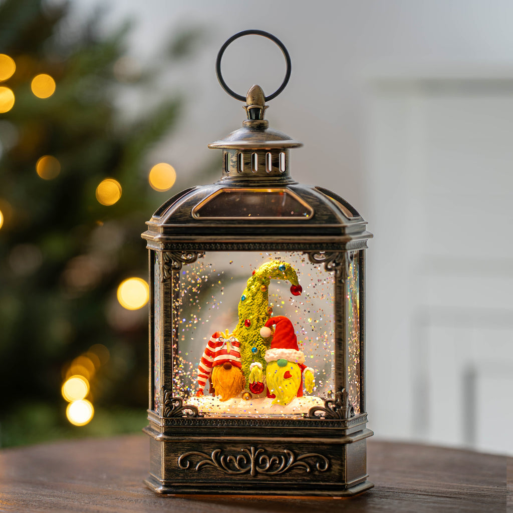 Christmas Snow Globe Lantern Water Glittering Gnomes Scandinavian Santa Elf with Whimsical Christmas Tree, Lighted Lantern-AULT24003-16