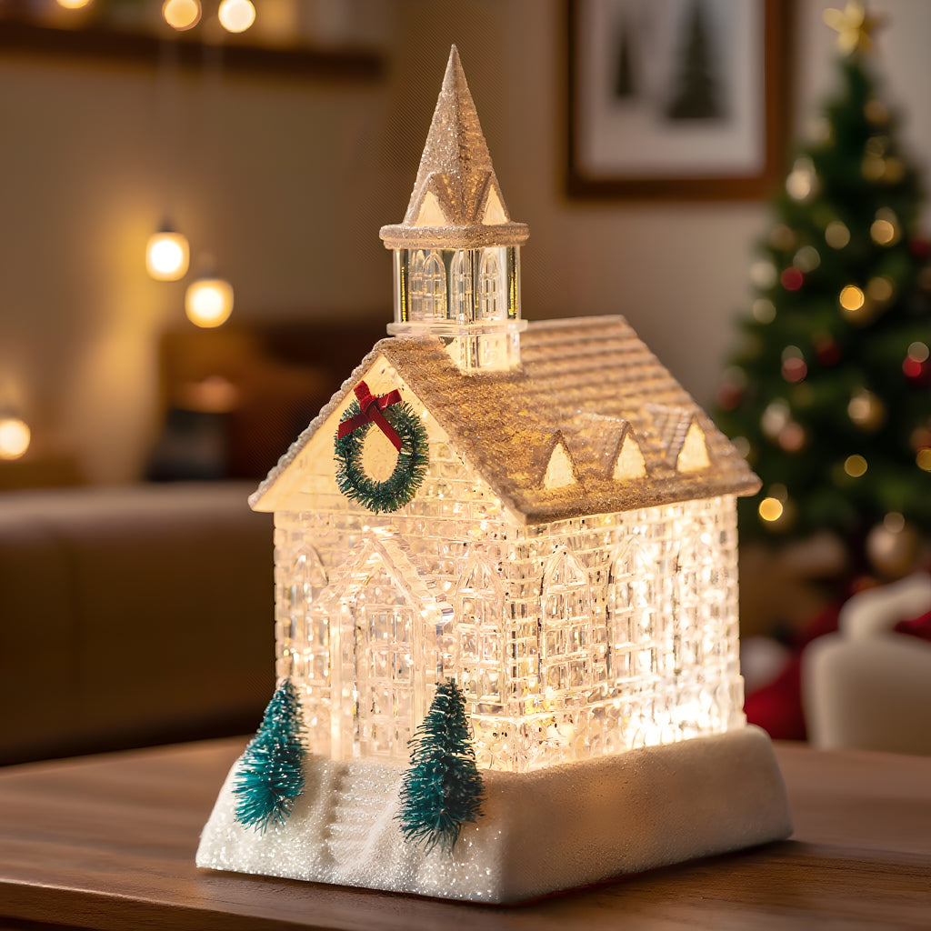 Christmas Lighted Church Water Lantern Snow Globe with Evergreens and Wreath， USB Lined/Battery Operated Lighted Lantern for Christmas Festival Decoration Gifts-AULT25011