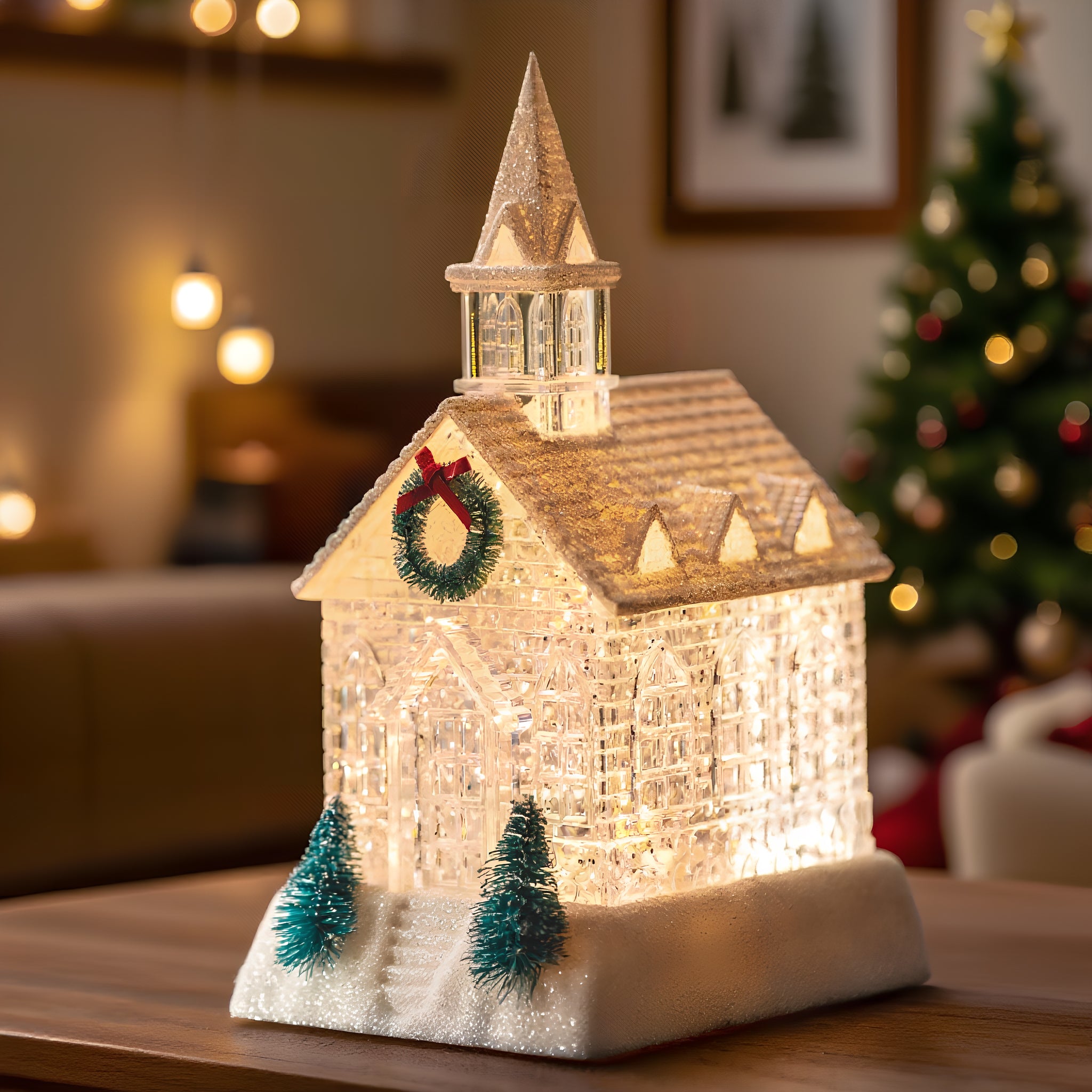 Christmas Lighted Church Water Lantern Snow Globe with Evergreens and Wreath， USB Lined/Battery Operated Lighted Lantern for Christmas Festival Decoration Gifts-AULT25011