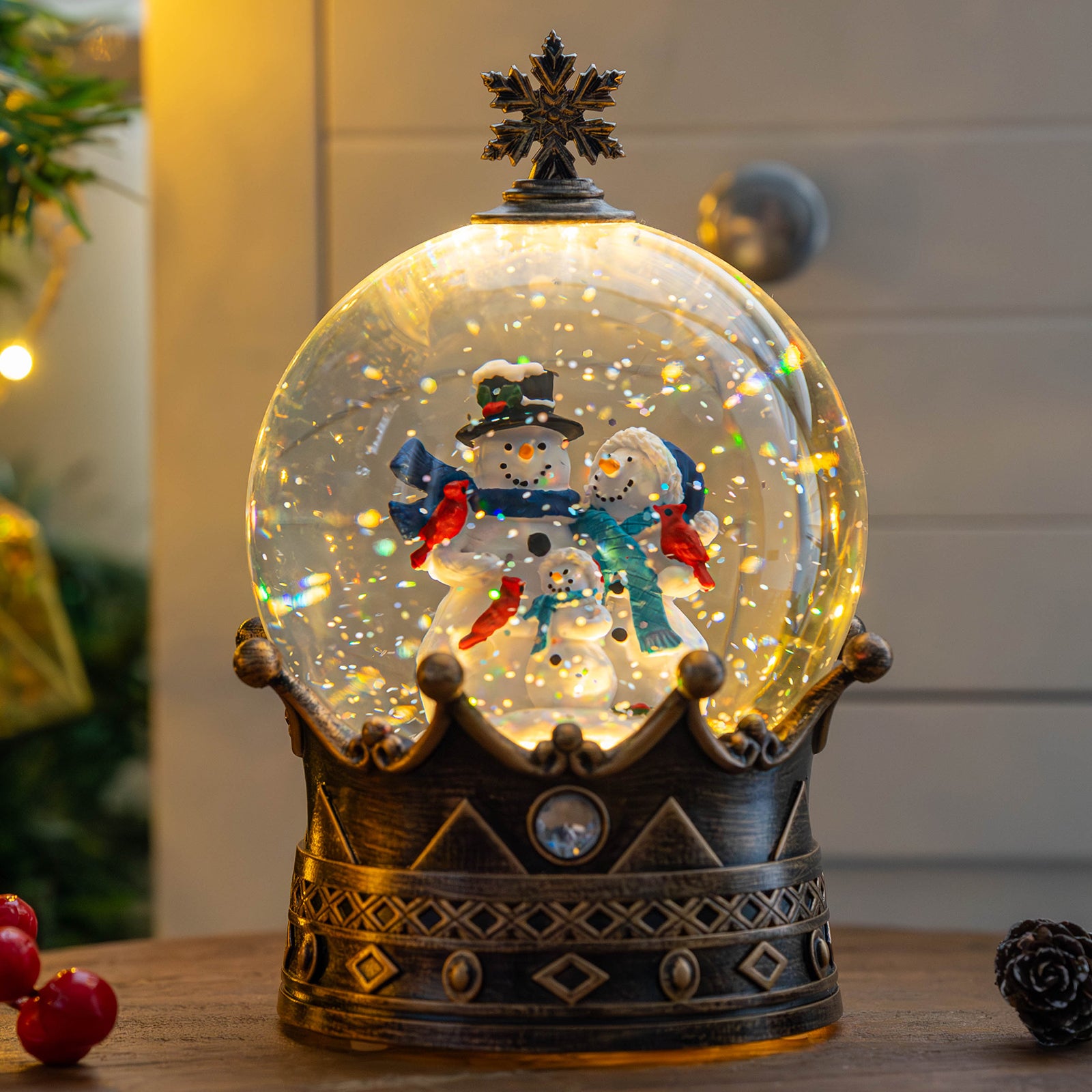 Christmas Snow Globe Lantern Water Glittering Snowman Family Crown with Music, USB Lined/Battery Operated Lighted Lantern for Christmas Festival Decoration Gifts-YJJS0723-2