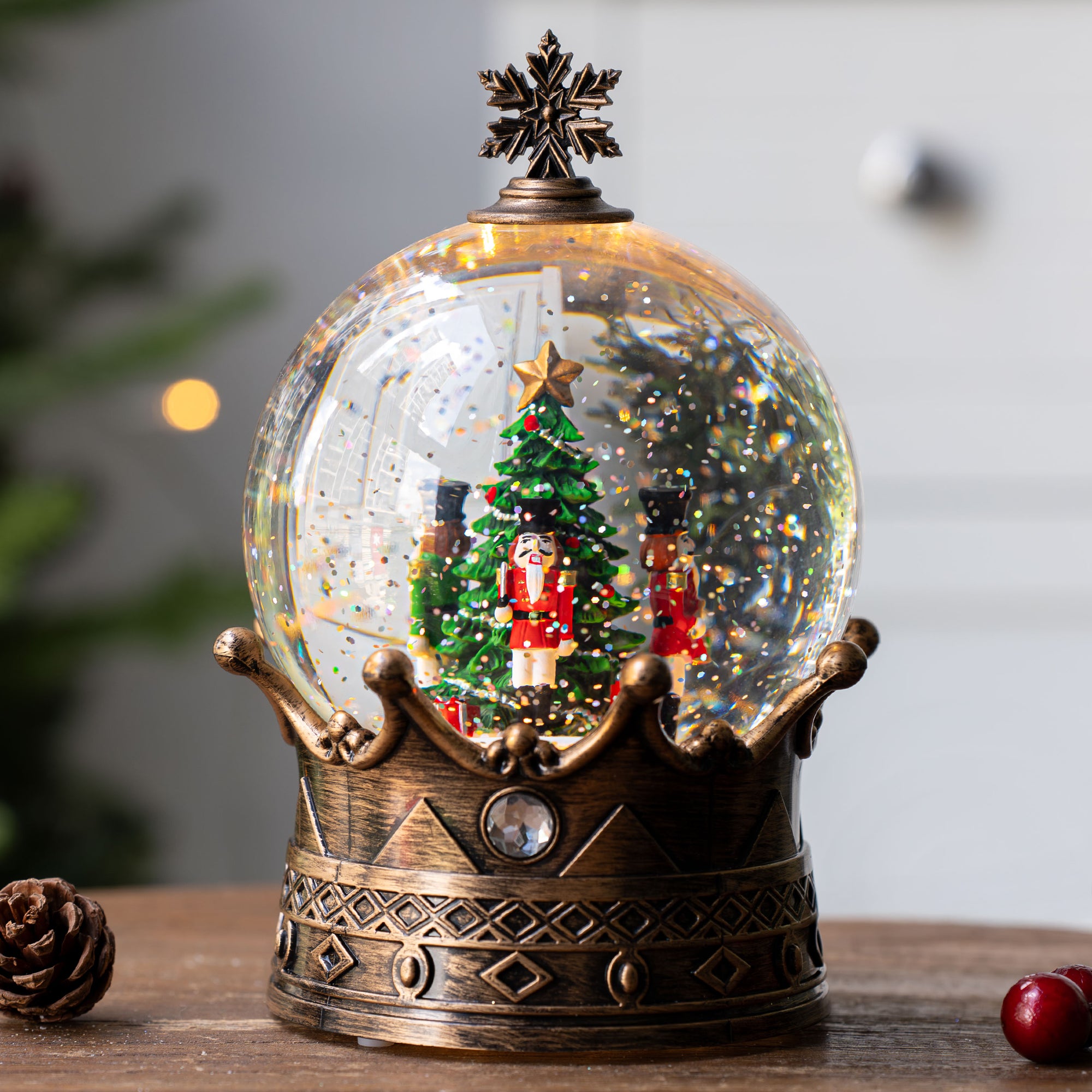 Christmas Snow Globe Lantern Water Glittering Nutcracker Crown with Music, USB Lined/Battery Operated Lighted Lantern for Christmas Festival Decoration Gifts-YJJS0723-7