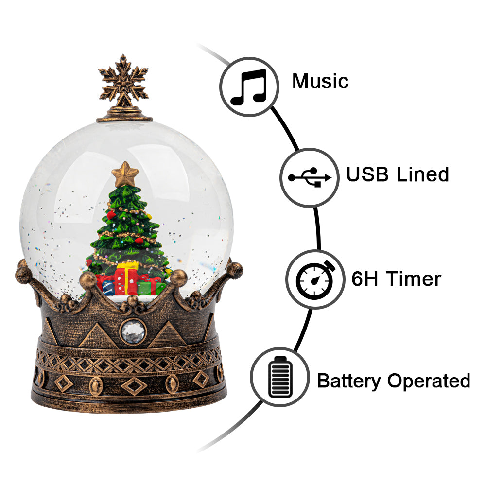 Christmas Snow Globe Lantern Water Glittering Christmas Tree Crown with Music, USB Lined/Battery Operated Lighted Lantern for Christmas Festival Decoration Gifts- YJJS0723-3