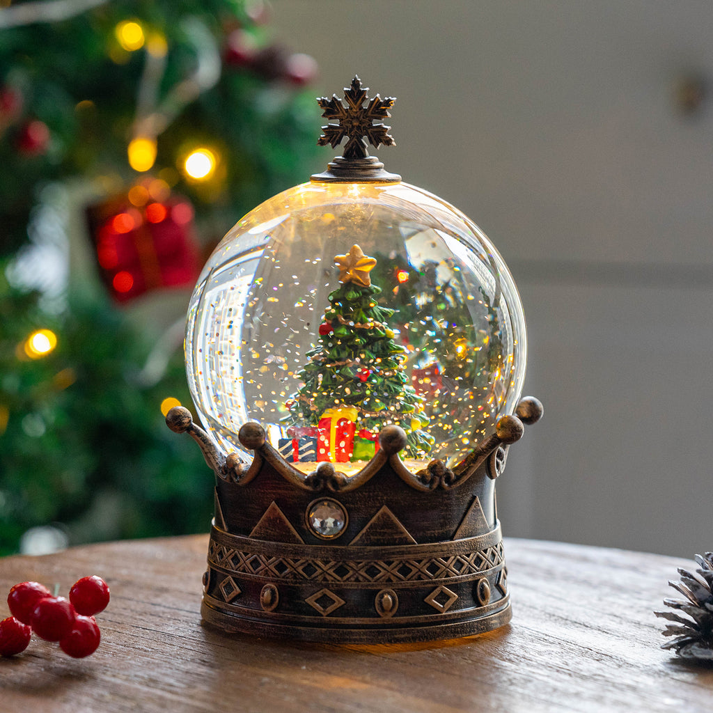 Christmas Snow Globe Lantern Water Glittering Christmas Tree Crown with Music, USB Lined/Battery Operated Lighted Lantern for Christmas Festival Decoration Gifts- YJJS0723-3