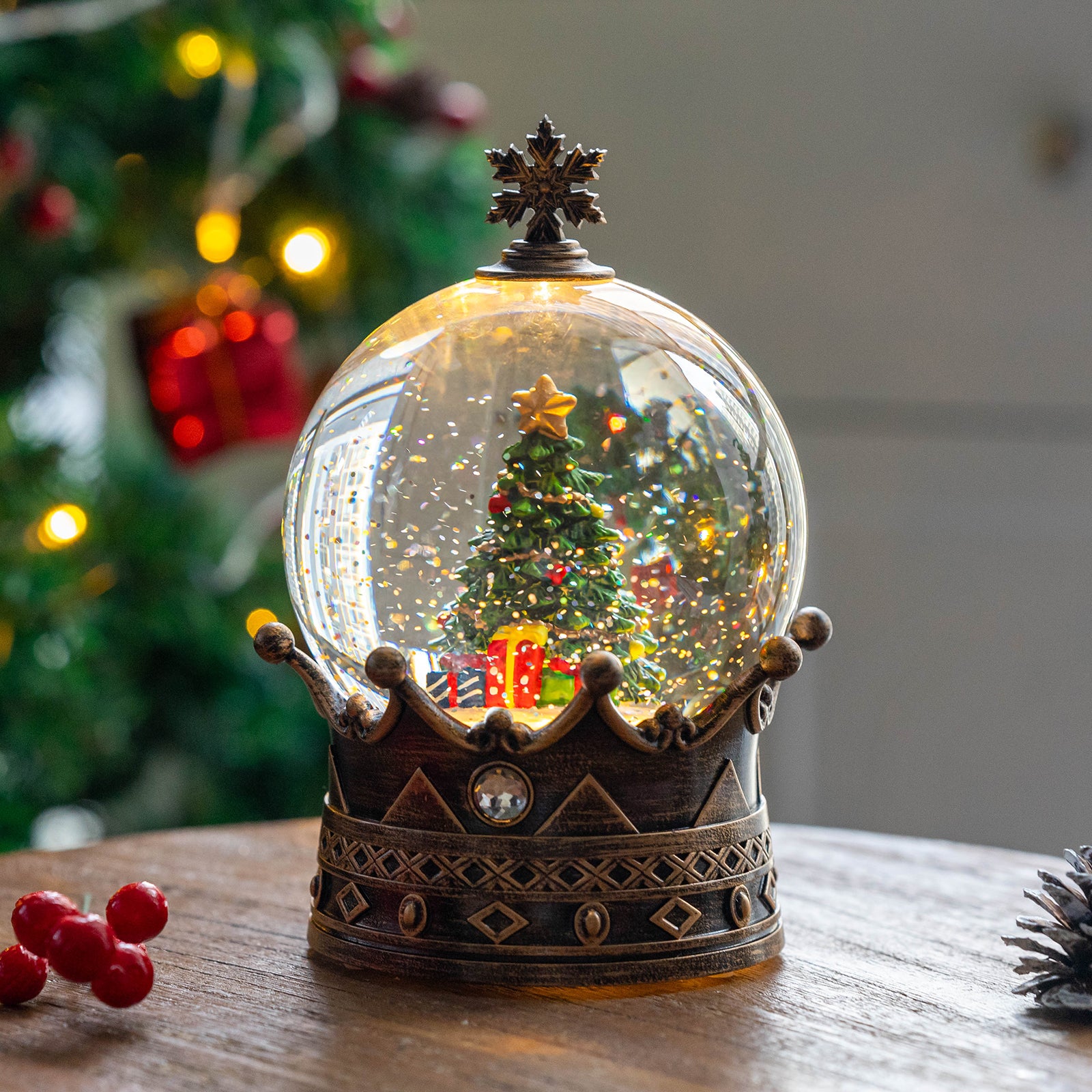 Christmas Snow Globe Lantern Water Glittering Christmas Tree Crown with Music, USB Lined/Battery Operated Lighted Lantern for Christmas Festival Decoration Gifts- YJJS0723-3