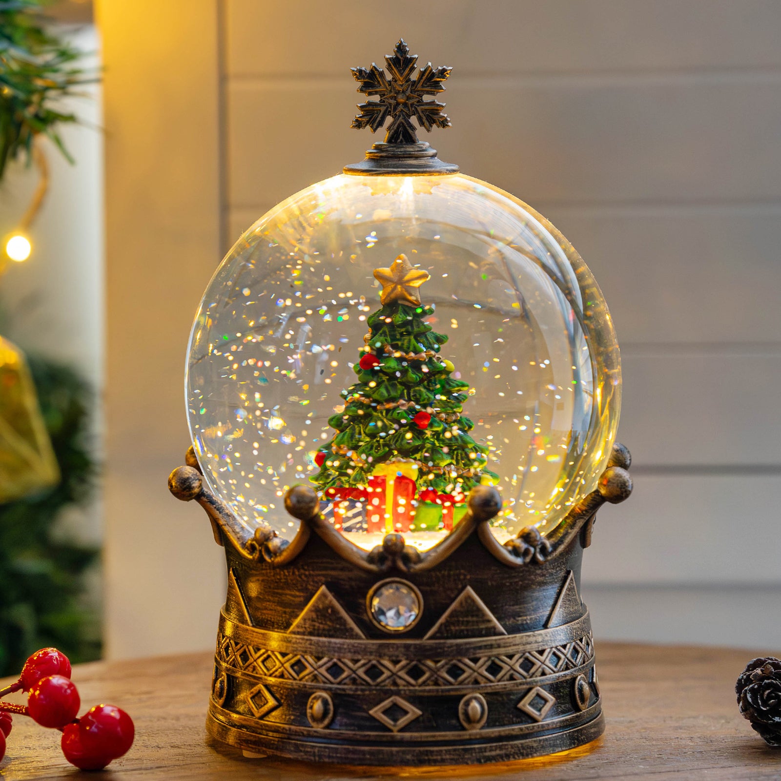 Christmas Snow Globe Lantern Water Glittering Christmas Tree Crown with Music, USB Lined/Battery Operated Lighted Lantern for Christmas Festival Decoration Gifts- YJJS0723-3