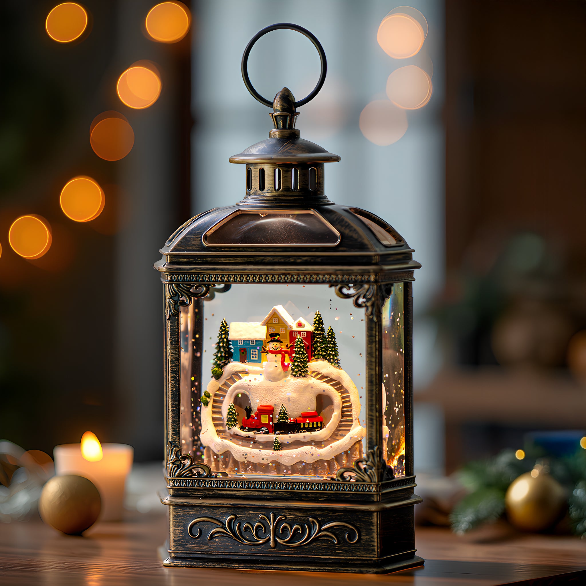 Christmas Snow Globe Lantern Water Glittering Snowman & Train with Music, USB Lined/Battery Operated Lighted Lantern -AULT24003-13