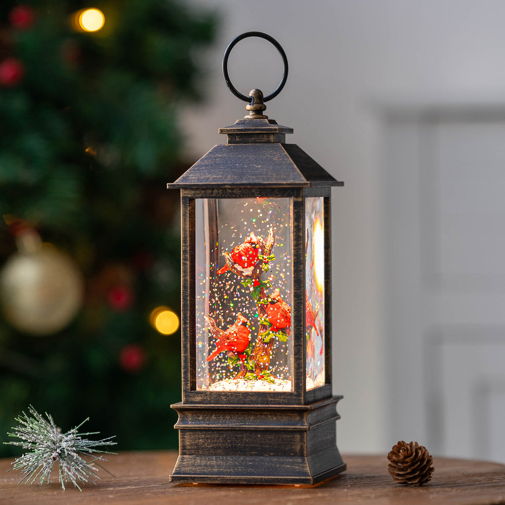 Christmas Snow Globe Lantern Water Glittering 10'' Cardinal with Music & Timer, USB Lined/Battery Operated Lighted Lantern for Christmas Festival Decoration Gifts-AULT24008-8