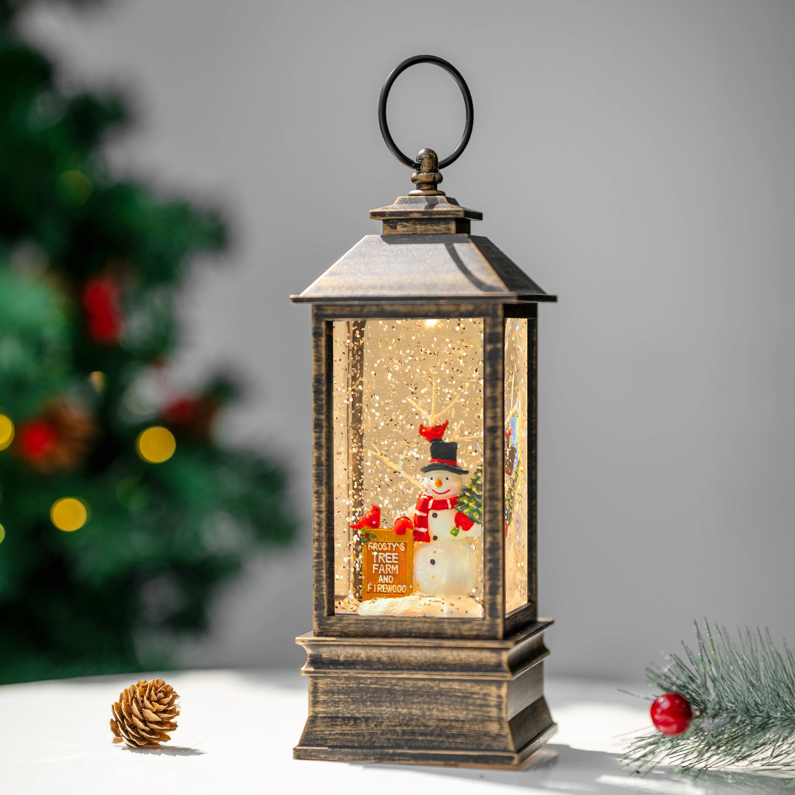 Christmas Snow Globe Water Glittering Farm Snowman with Music & Timer, USB Lined/Battery Operated Lighted Lantern for Christmas Festival Decoration Gifts-AULT24008-9