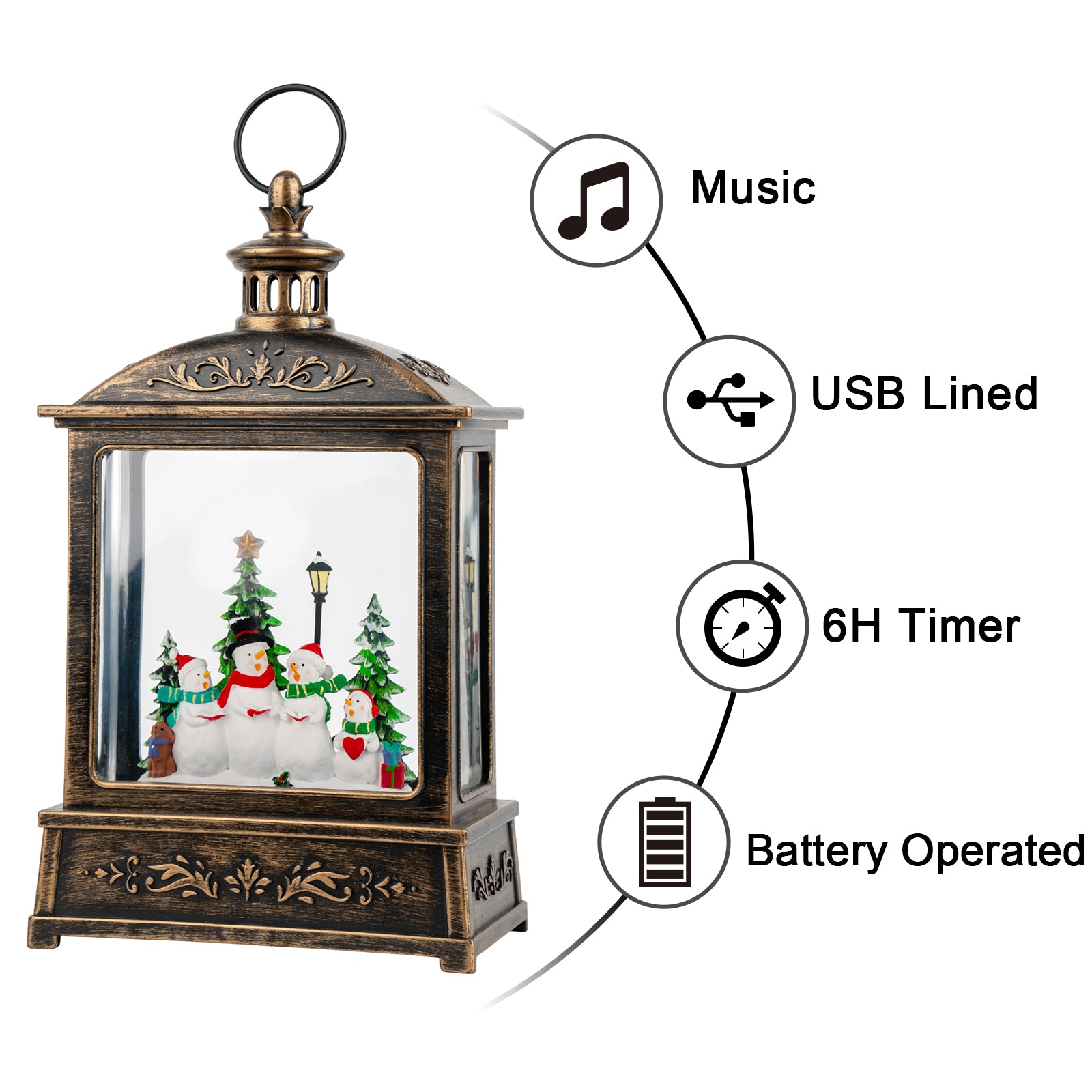 Christmas Snow Globe Swirling Glittering Snowman Choir with Music & Timer, USB Lined/Battery Operated Lighted Water Lantern-AULT24001-3