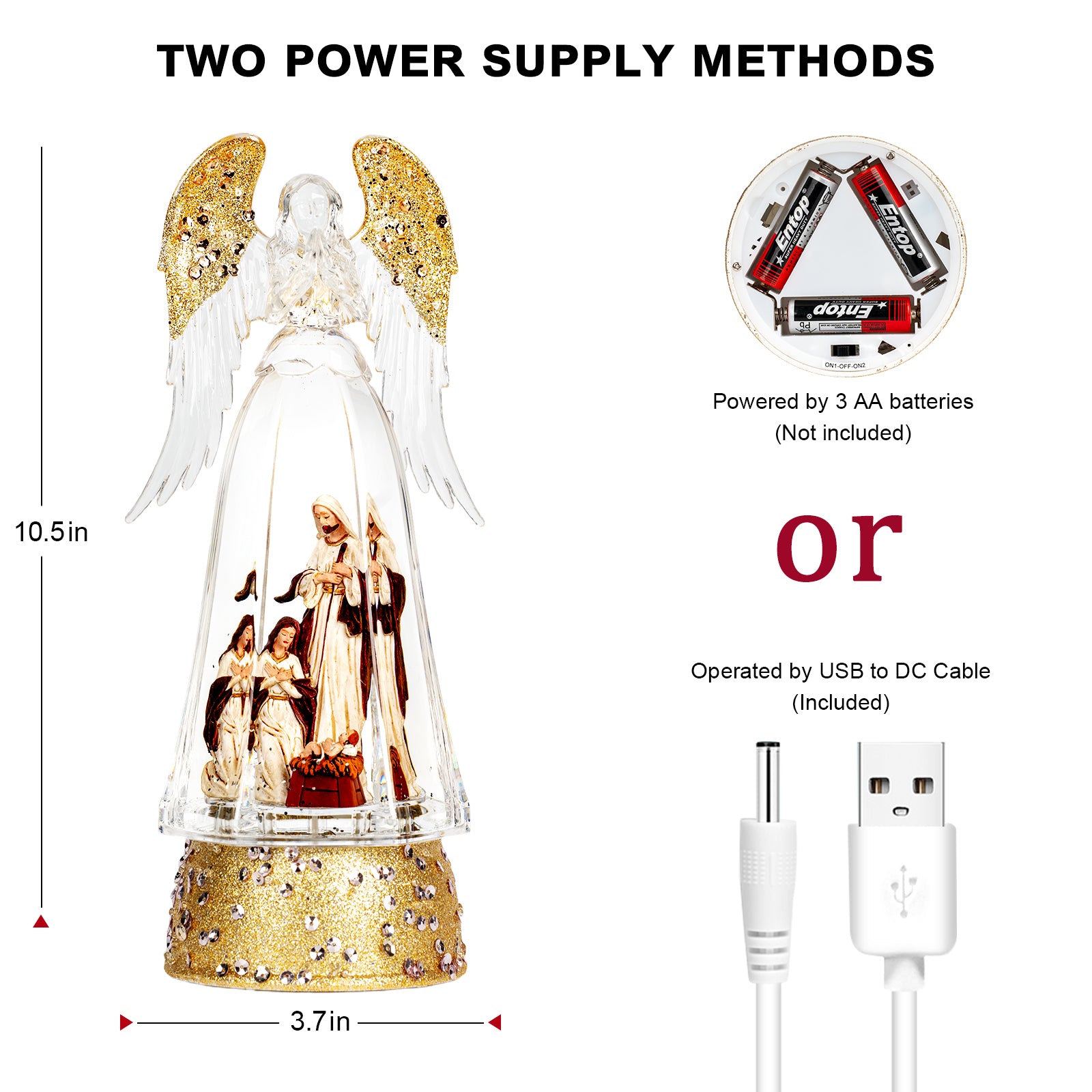 Christmas Snow Globe Lantern Water Glittering Angel & Nativity with Music & Timer, USB Lined/Battery Operated Lighted Lantern-YJJS9853