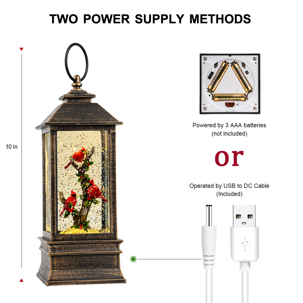 Christmas Snow Globe Lantern Water Glittering 10'' Cardinal with Music & Timer, USB Lined/Battery Operated Lighted Lantern for Christmas Festival Decoration Gifts-AULT24008-8