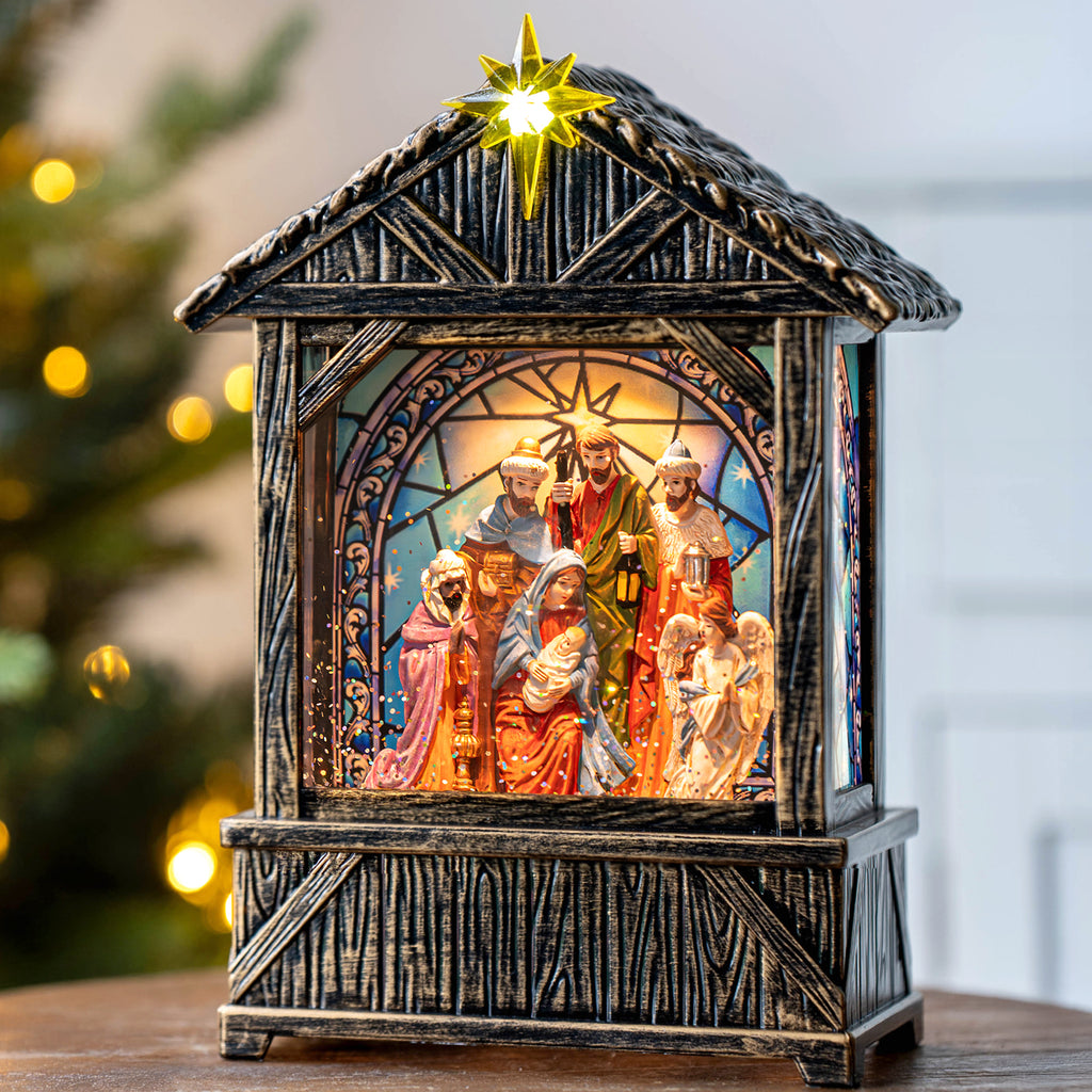 Christmas Snow Globe Lantern Water Glittering Nativity Manger with Star, USB Lined/Battery Operated Lighted Lantern for Christmas Festival Decoration Gifts-AULT24018-4