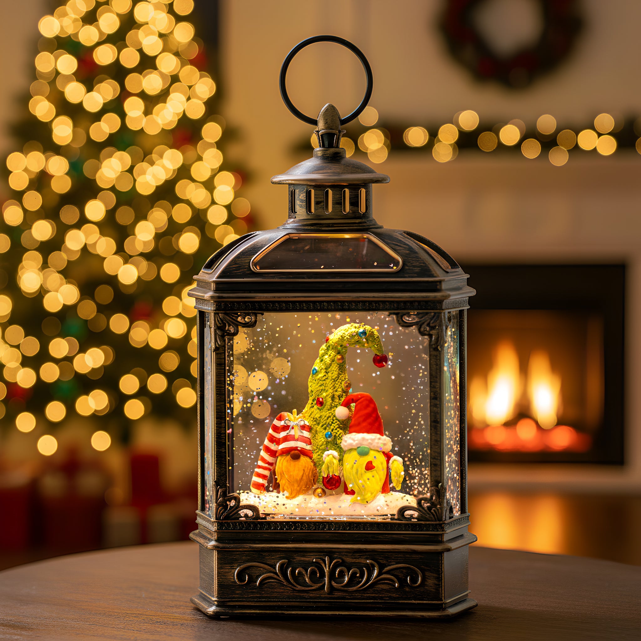 Christmas Snow Globe Lantern Water Glittering Gnomes Scandinavian Santa Elf with Whimsical Christmas Tree, Lighted Lantern-AULT24003-16