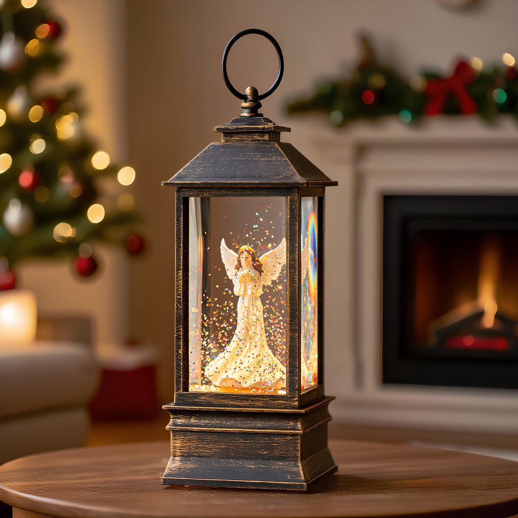 Christmas Snow Globe Lantern Water Glittering Angel with Dove, USB Lined/Battery Operated Lighted Lantern for Christmas Festival Decoration Gifts-AULT24008-19