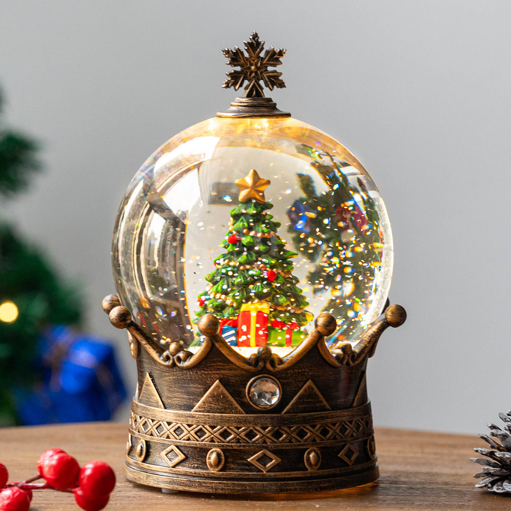 Christmas Snow Globe Lantern Water Glittering Christmas Tree Crown with Music, USB Lined/Battery Operated Lighted Lantern for Christmas Festival Decoration Gifts- YJJS0723-3