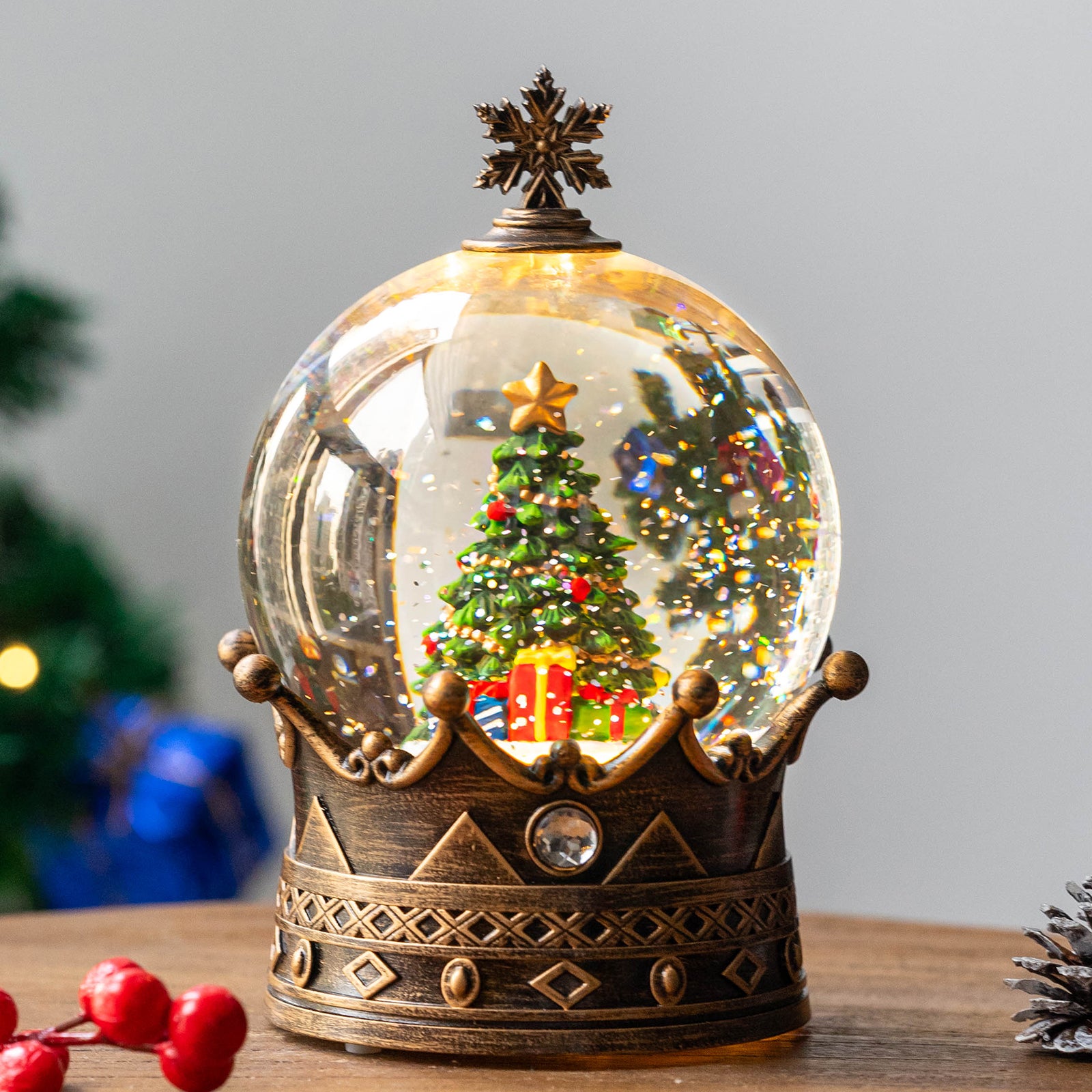 Christmas Snow Globe Lantern Water Glittering Christmas Tree Crown with Music, USB Lined/Battery Operated Lighted Lantern for Christmas Festival Decoration Gifts- YJJS0723-3