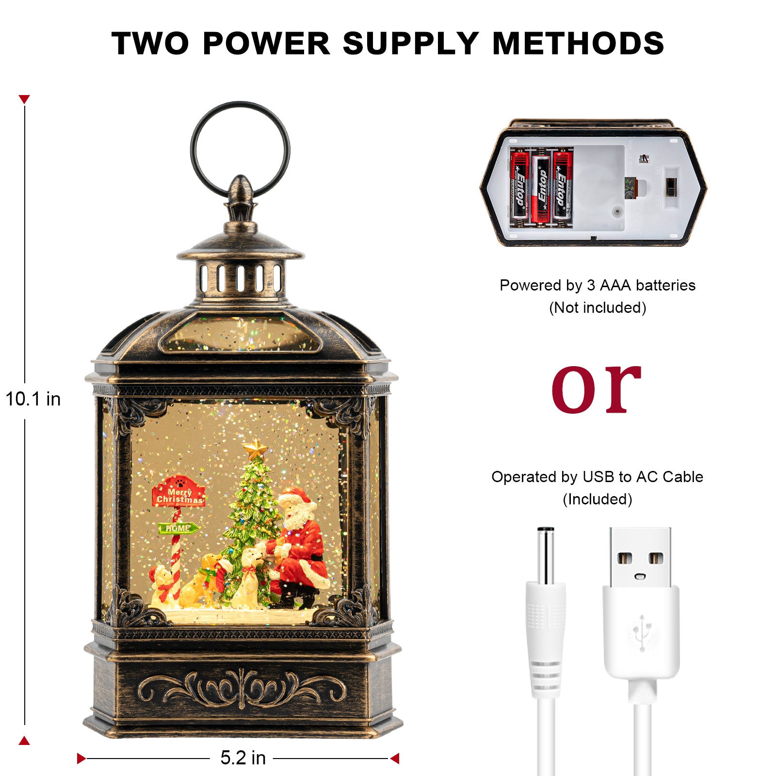 Christmas Snow Globe Lantern Water Glittering Santa Claus & Pups with Music & Timer, USB Lined/Battery Operated Lighted Lantern -NEW-SD-2004027S1