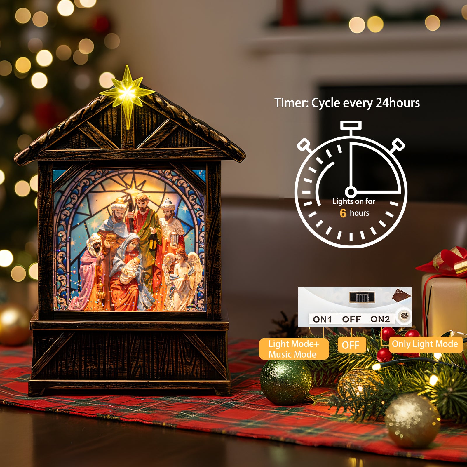 Christmas Snow Globe Lantern Water Glittering Nativity Manger with Star, USB Lined/Battery Operated Lighted Lantern for Christmas Festival Decoration Gifts-AULT24018-4