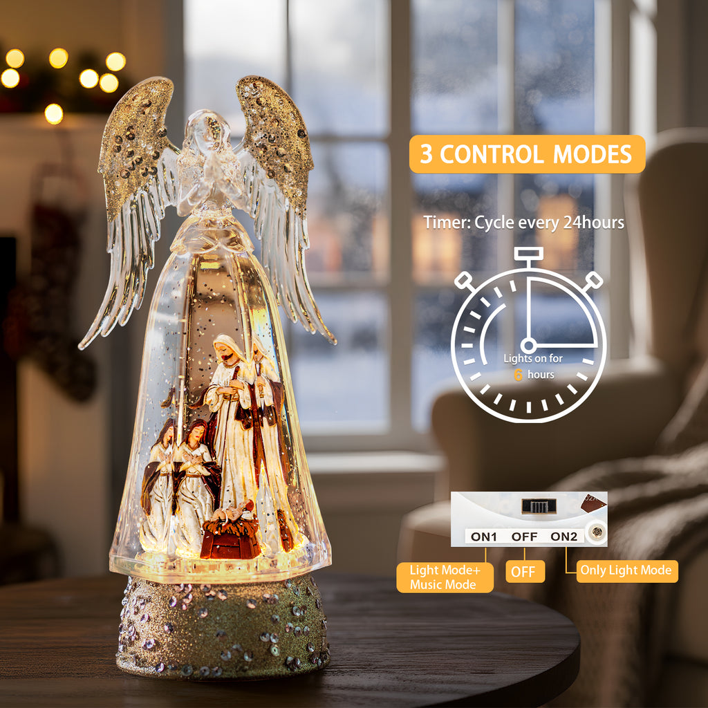 Christmas Snow Globe Lantern Water Glittering Angel & Nativity with Music & Timer, USB Lined/Battery Operated Lighted Lantern-YJJS9853