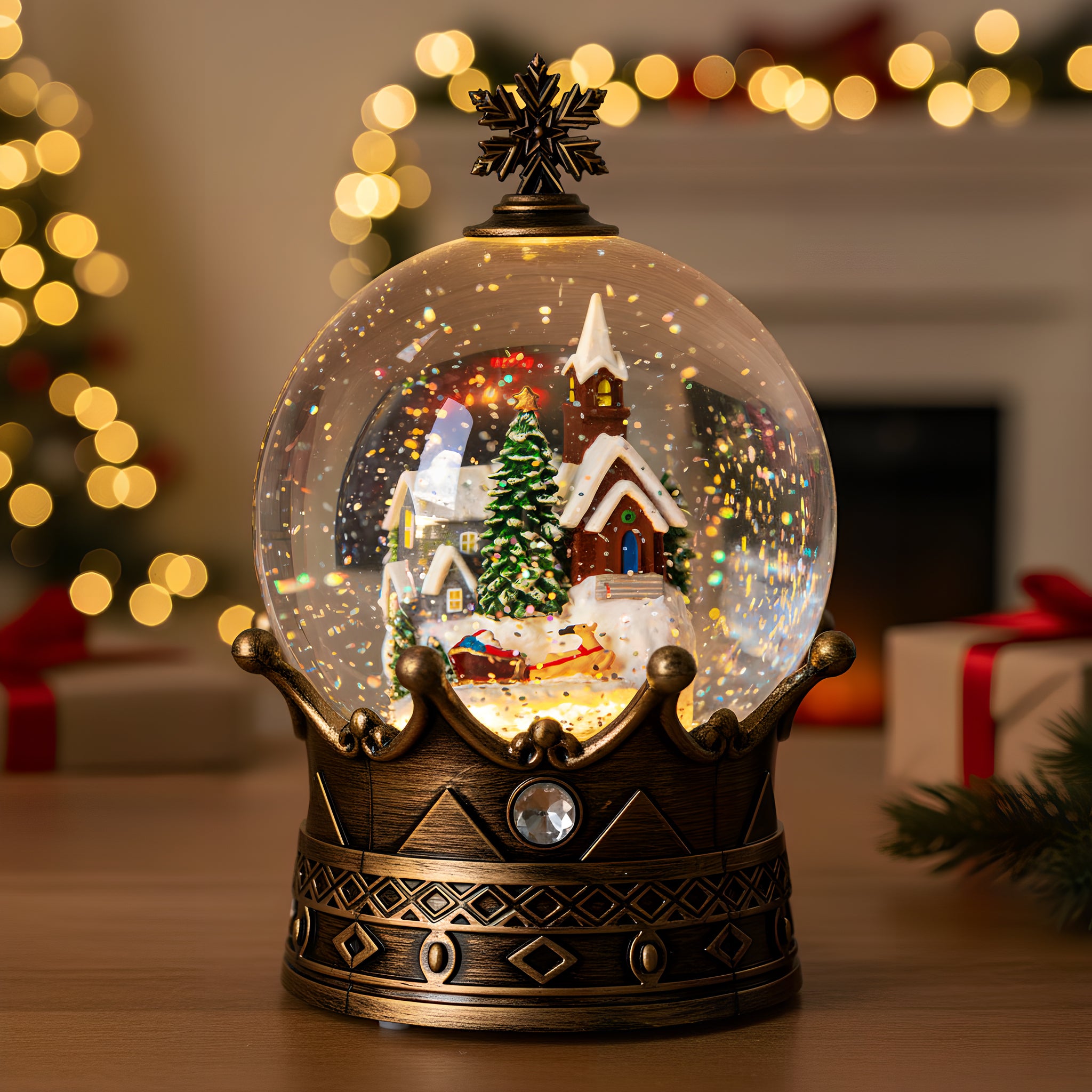 Christmas Snow Globe Lantern Water Glittering Village & Santa Crown with Music, USB Lined/Battery Operated Lighted Lantern for Christmas Festival Decoration Gifts-YJJS0723-9