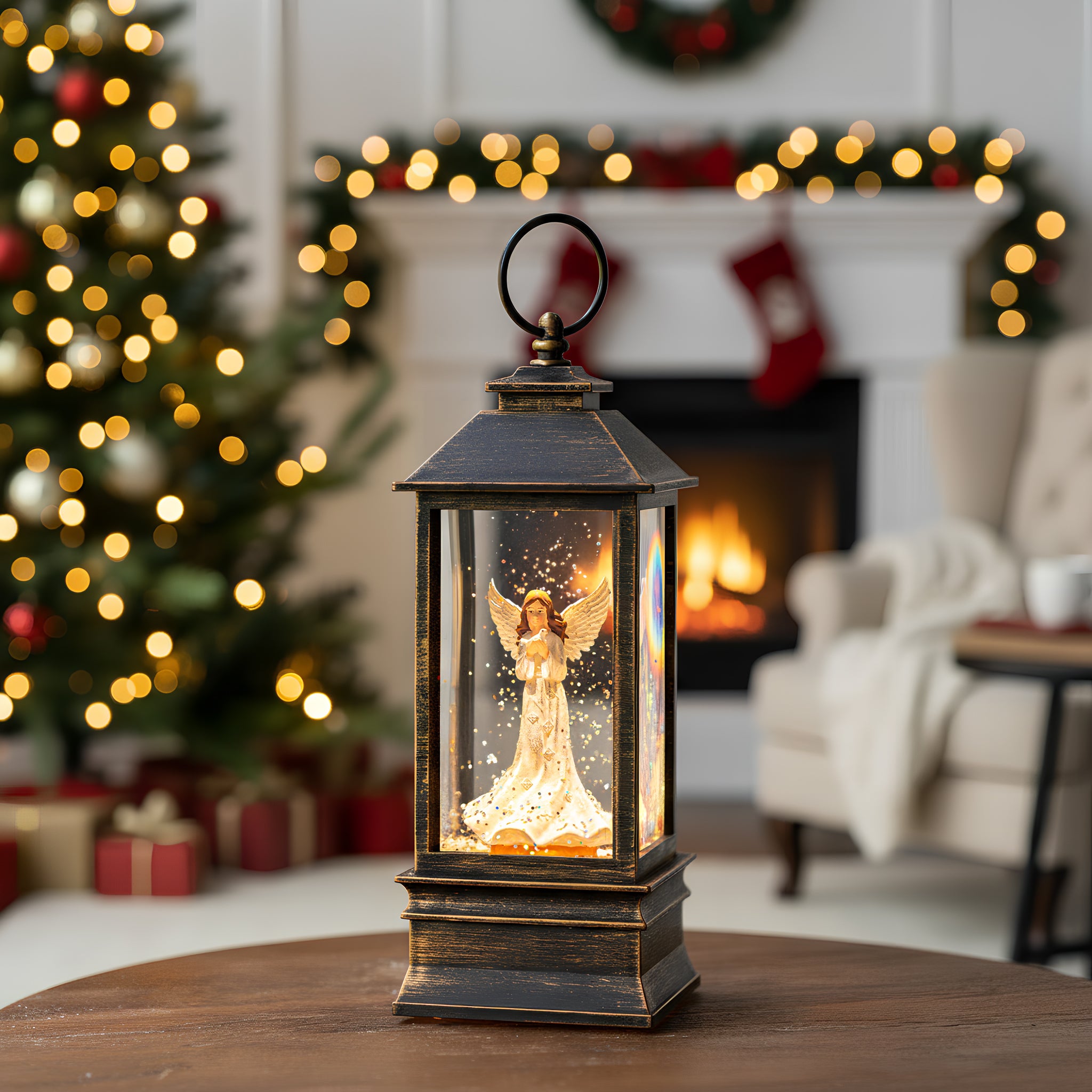 Christmas Snow Globe Lantern Water Glittering Angel with Dove, USB Lined/Battery Operated Lighted Lantern for Christmas Festival Decoration Gifts-AULT24008-19