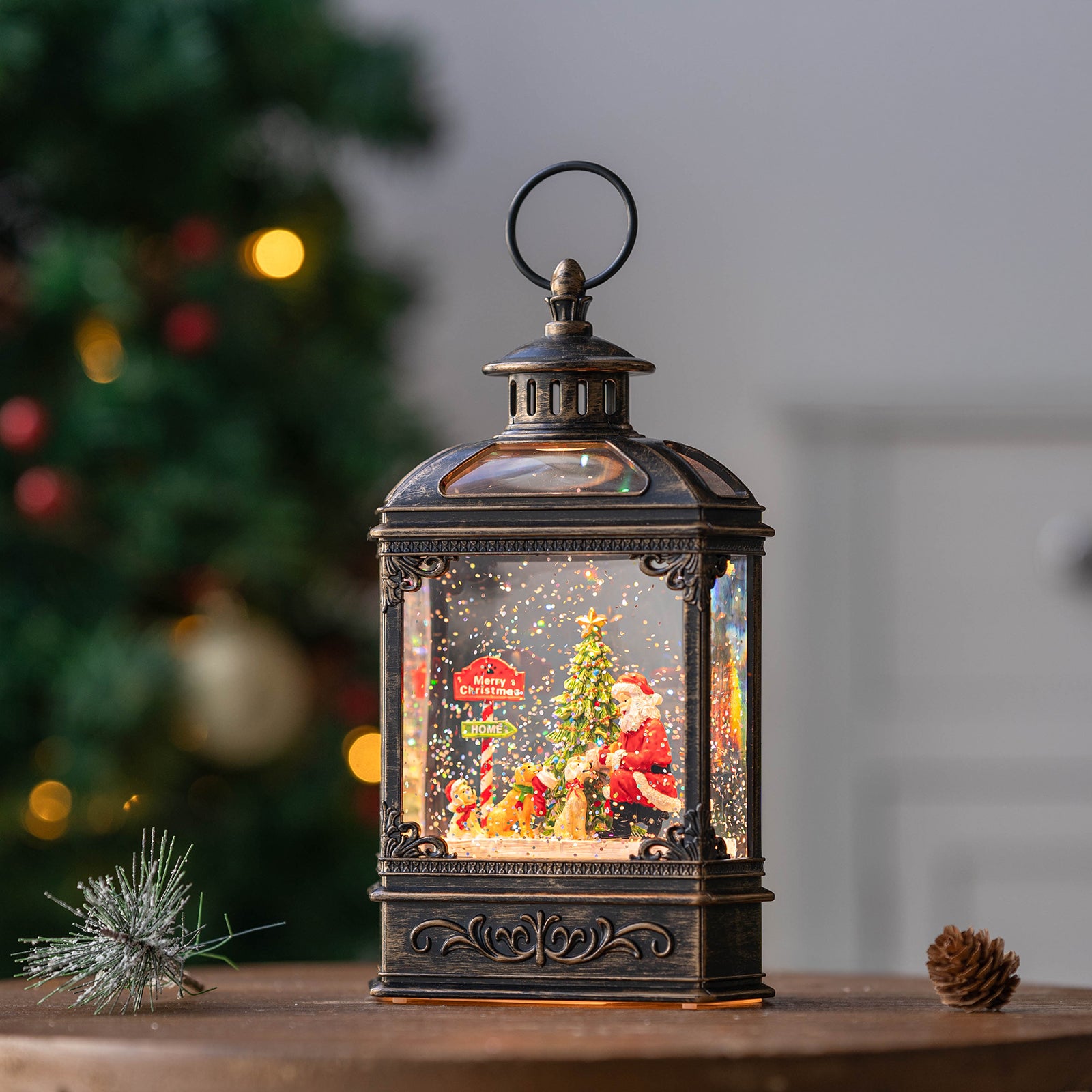 Christmas Snow Globe Lantern Water Glittering Santa Claus & Pups with Music & Timer, USB Lined/Battery Operated Lighted Lantern -NEW-SD-2004027S1