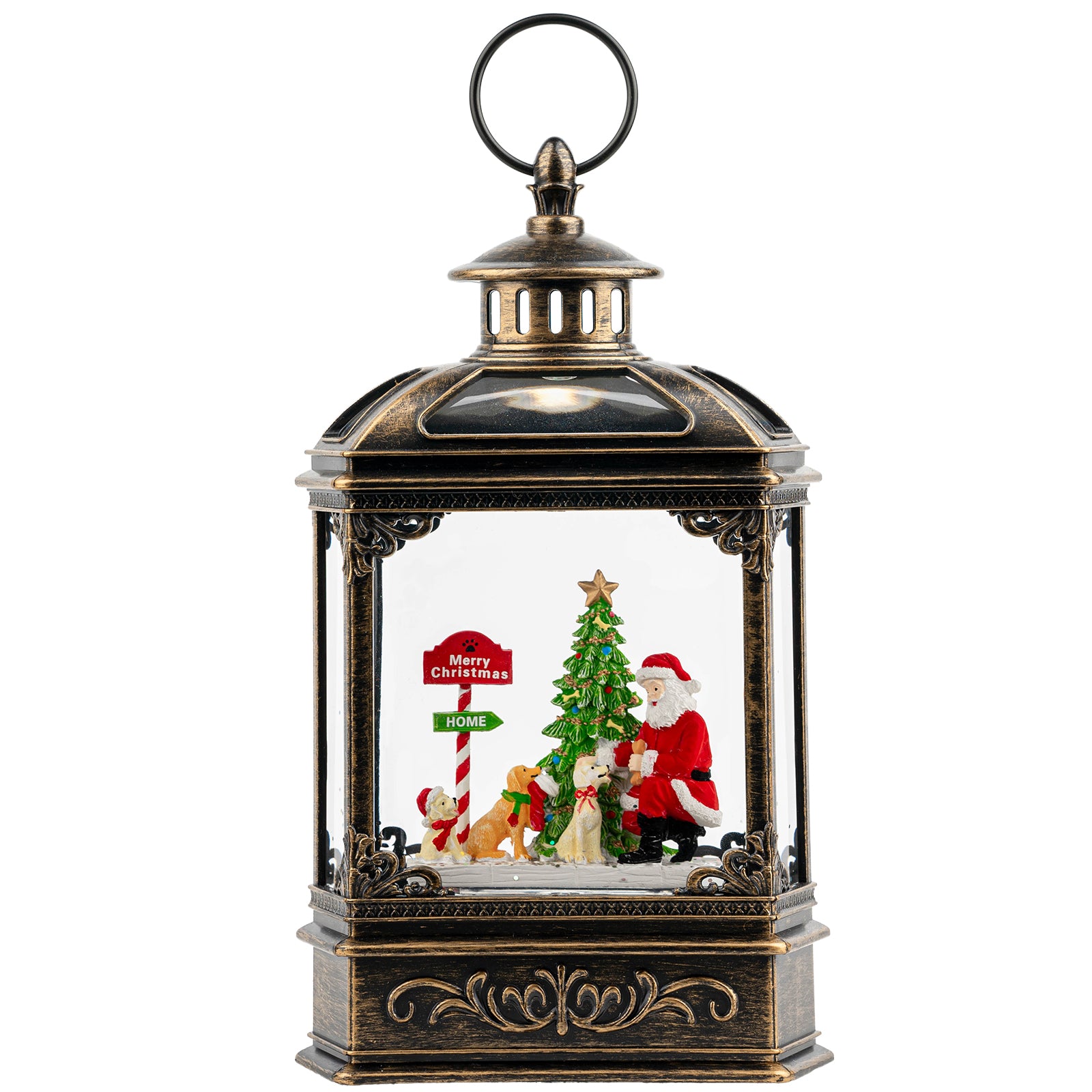 Christmas Snow Globe Lantern Water Glittering Santa Claus & Pups with Music & Timer, USB Lined/Battery Operated Lighted Lantern -NEW-SD-2004027S1