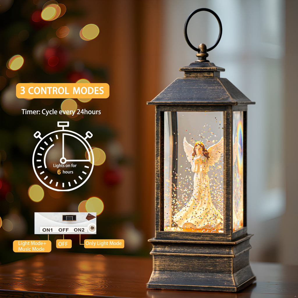 Christmas Snow Globe Lantern Water Glittering Angel with Dove, USB Lined/Battery Operated Lighted Lantern for Christmas Festival Decoration Gifts-AULT24008-19