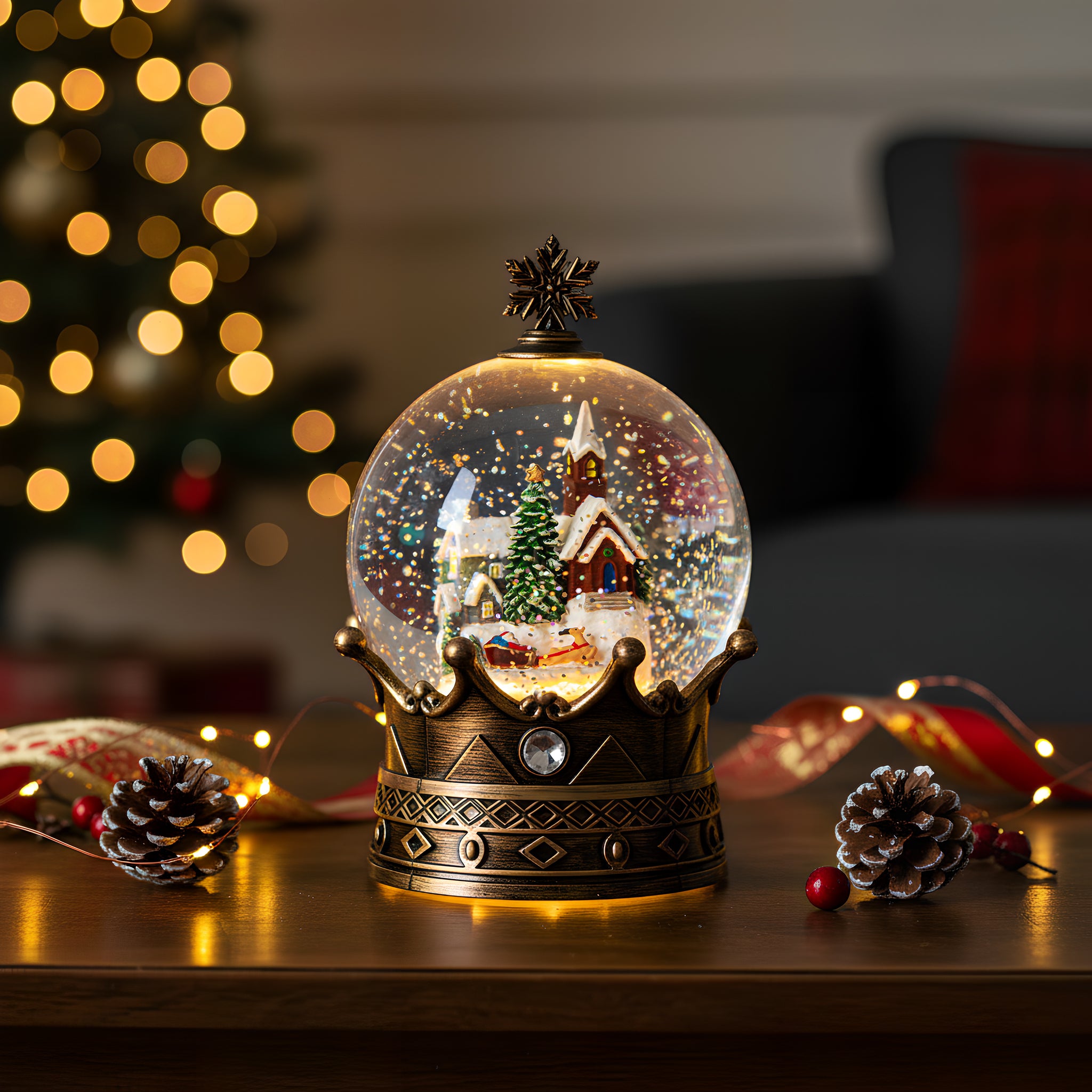 Christmas Snow Globe Lantern Water Glittering Village & Santa Crown with Music, USB Lined/Battery Operated Lighted Lantern for Christmas Festival Decoration Gifts-YJJS0723-9