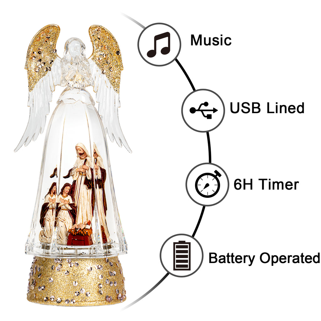 Christmas Snow Globe Lantern Water Glittering Angel & Nativity with Music & Timer, USB Lined/Battery Operated Lighted Lantern-YJJS9853