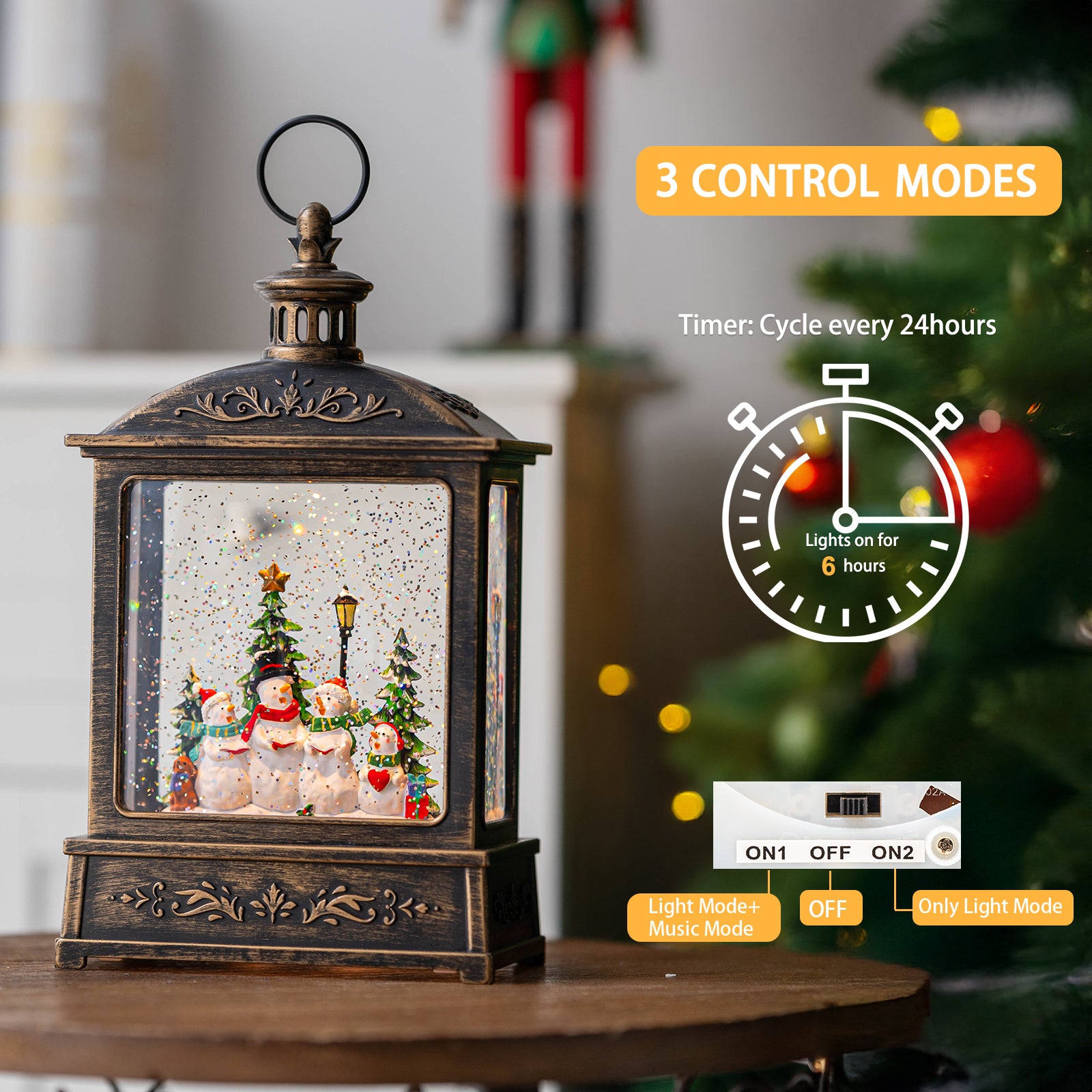 Christmas Snow Globe Swirling Glittering Snowman Choir with Music & Timer, USB Lined/Battery Operated Lighted Water Lantern-AULT24001-3