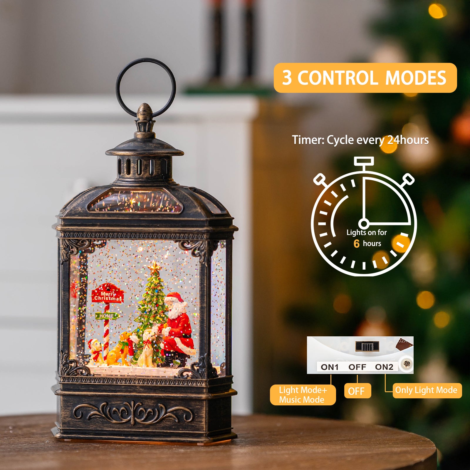 Christmas Snow Globe Lantern Water Glittering Santa Claus & Pups with Music & Timer, USB Lined/Battery Operated Lighted Lantern -NEW-SD-2004027S1