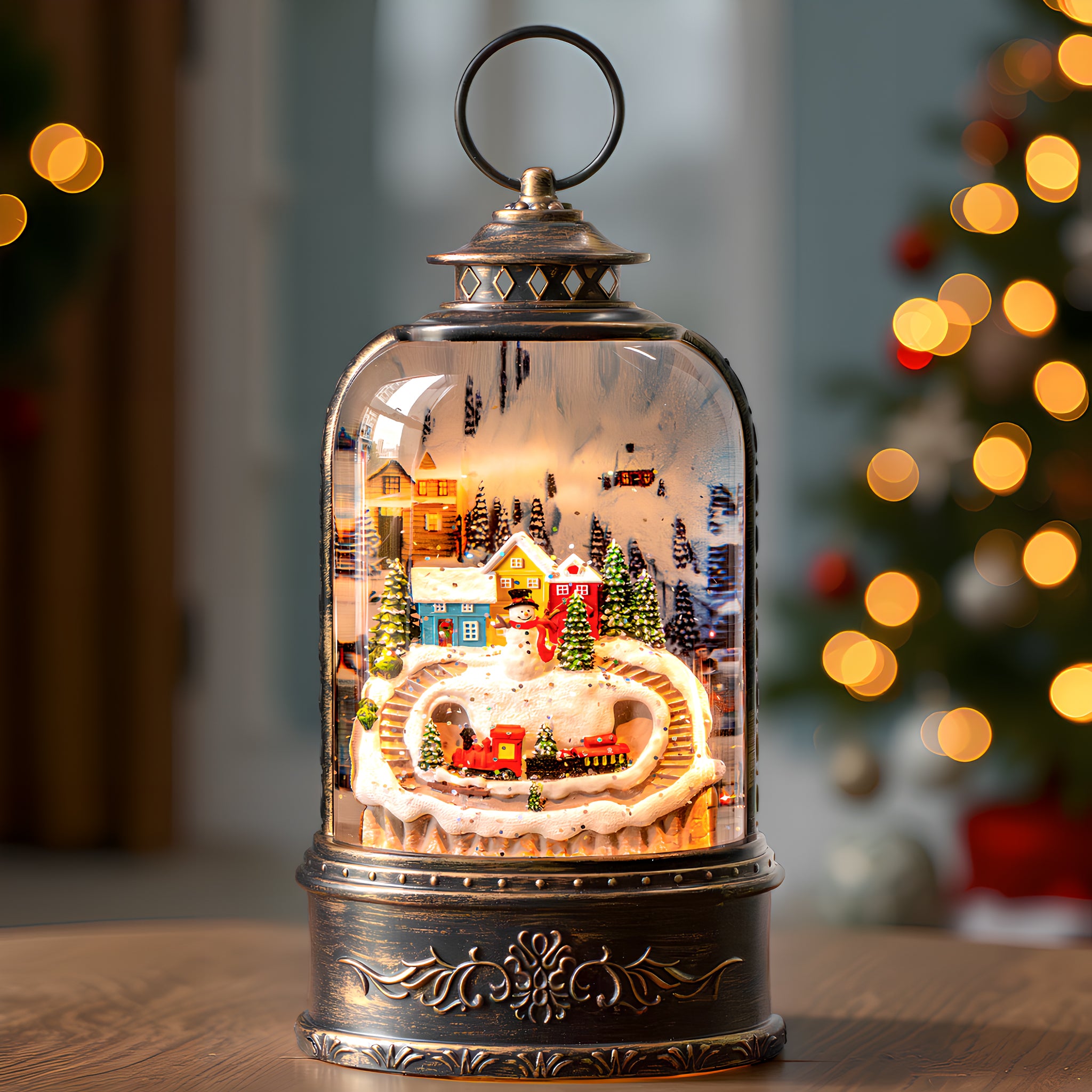 Christmas Snow Globe Lantern Water Glittering Snowman & Train with Music & Timer, USB Lined/Battery Operated Lighted Lantern-AULT25002-5