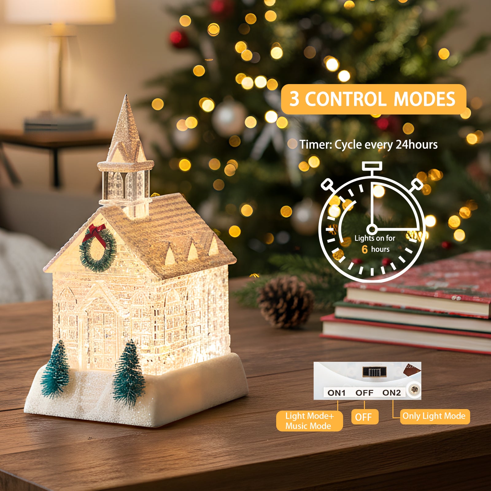 Christmas Lighted Church Water Lantern Snow Globe with Evergreens and Wreath， USB Lined/Battery Operated Lighted Lantern for Christmas Festival Decoration Gifts-AULT25011