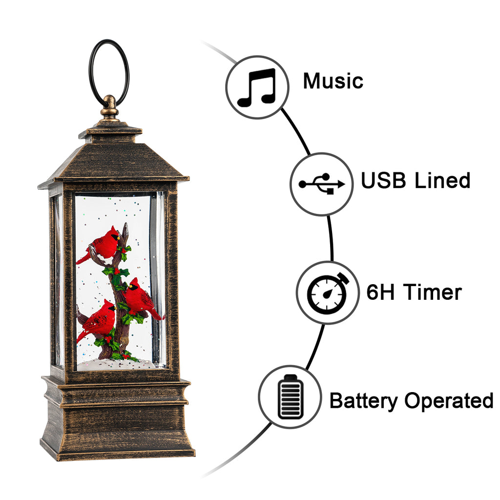 Christmas Snow Globe Lantern Water Glittering 10'' Cardinal with Music & Timer, USB Lined/Battery Operated Lighted Lantern for Christmas Festival Decoration Gifts-AULT24008-8
