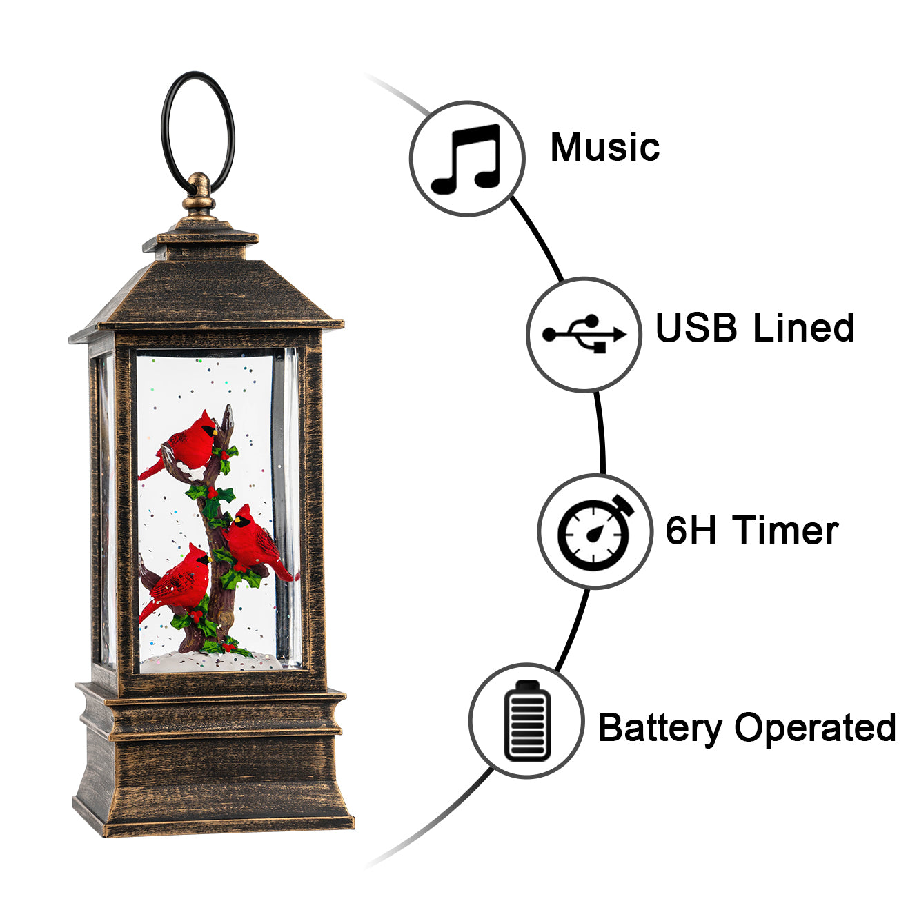 Christmas Snow Globe Lantern Water Glittering 10'' Cardinal with Music & Timer, USB Lined/Battery Operated Lighted Lantern for Christmas Festival Decoration Gifts-AULT24008-8