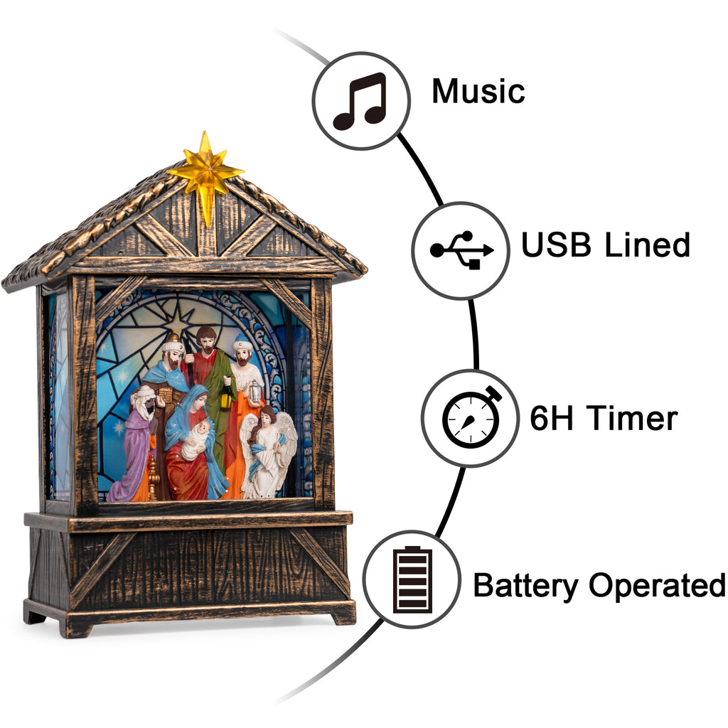 Christmas Snow Globe Lantern Water Glittering Nativity Manger with Star, USB Lined/Battery Operated Lighted Lantern for Christmas Festival Decoration Gifts-AULT24018-4