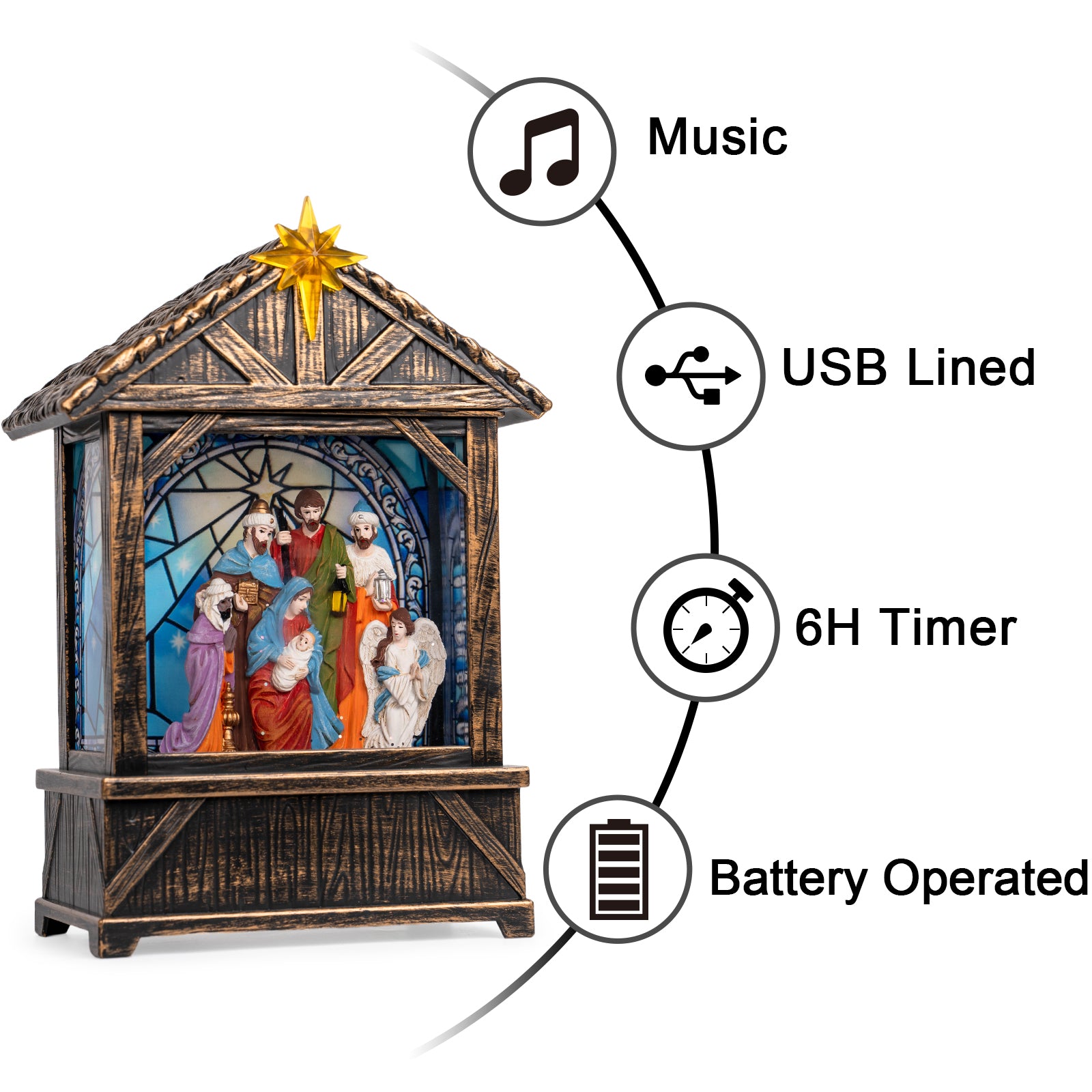 Christmas Snow Globe Lantern Water Glittering Nativity Manger with Star, USB Lined/Battery Operated Lighted Lantern for Christmas Festival Decoration Gifts-AULT24018-4