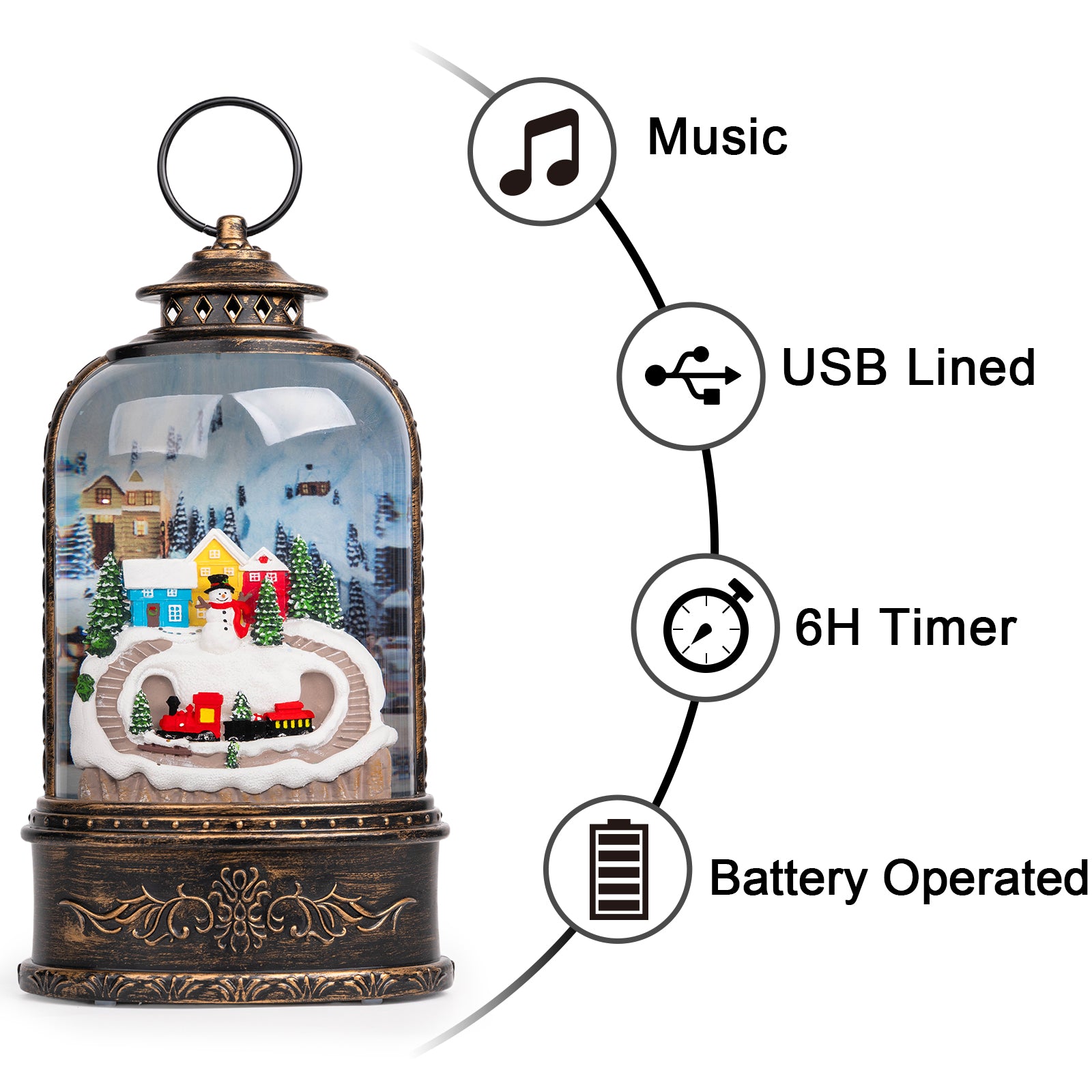 Christmas Snow Globe Lantern Water Glittering Snowman & Train with Music & Timer, USB Lined/Battery Operated Lighted Lantern-AULT25002-5