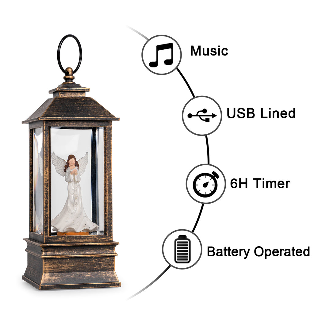 Christmas Snow Globe Lantern Water Glittering Angel with Dove, USB Lined/Battery Operated Lighted Lantern for Christmas Festival Decoration Gifts-AULT24008-19