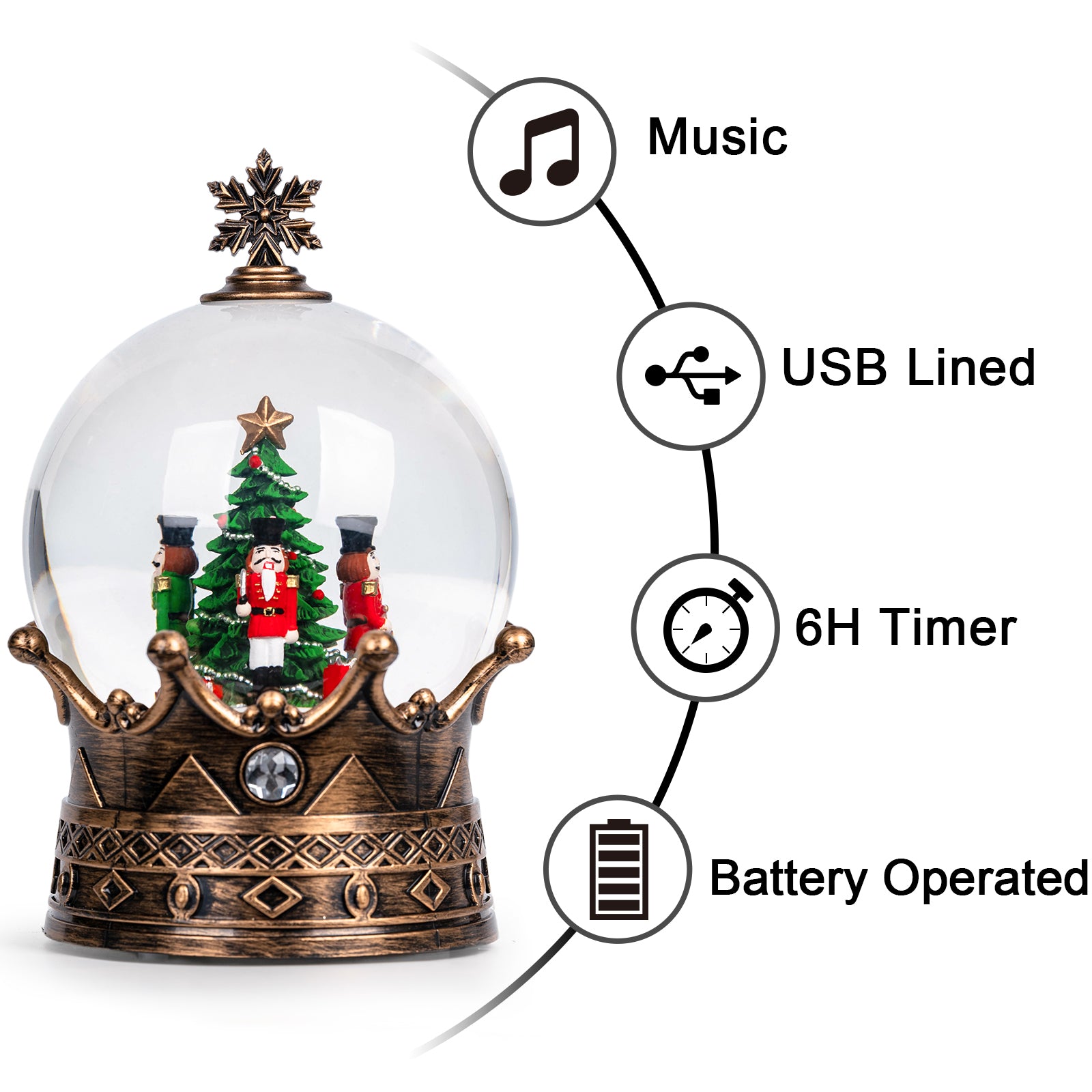 Christmas Snow Globe Lantern Water Glittering Nutcracker Crown with Music, USB Lined/Battery Operated Lighted Lantern for Christmas Festival Decoration Gifts-YJJS0723-7