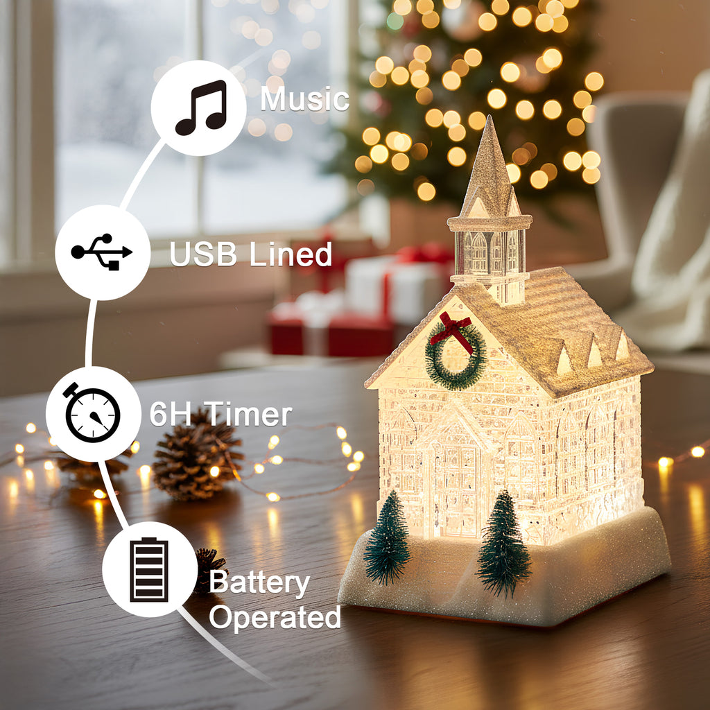 Christmas Lighted Church Water Lantern Snow Globe with Evergreens and Wreath， USB Lined/Battery Operated Lighted Lantern for Christmas Festival Decoration Gifts-AULT25011
